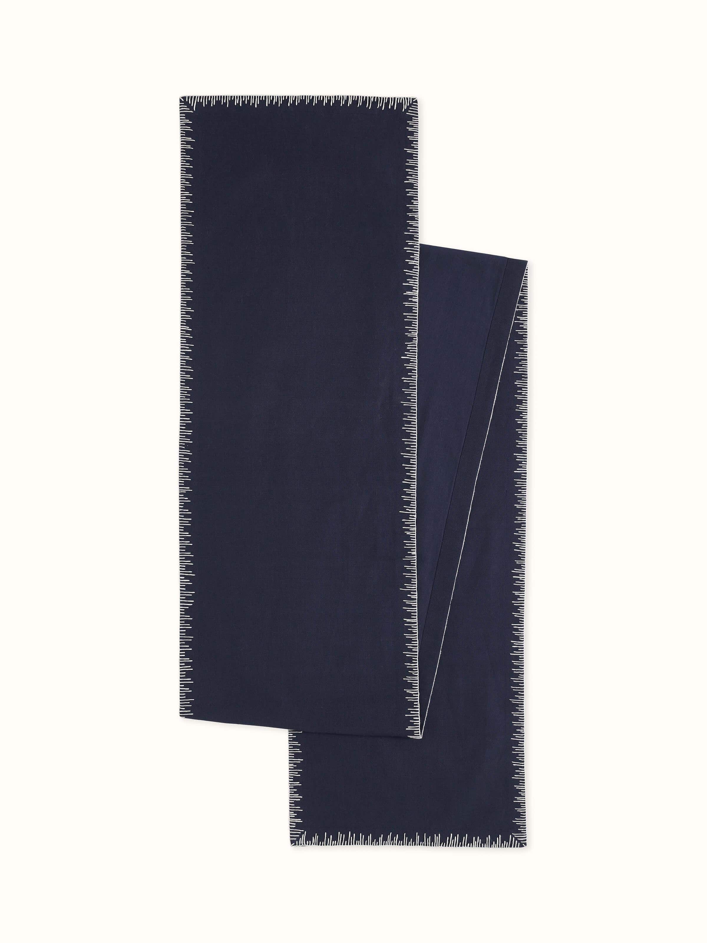 Parvat Indigo Edge Stitch Linen Cotton Hand Embroidered Table Runner