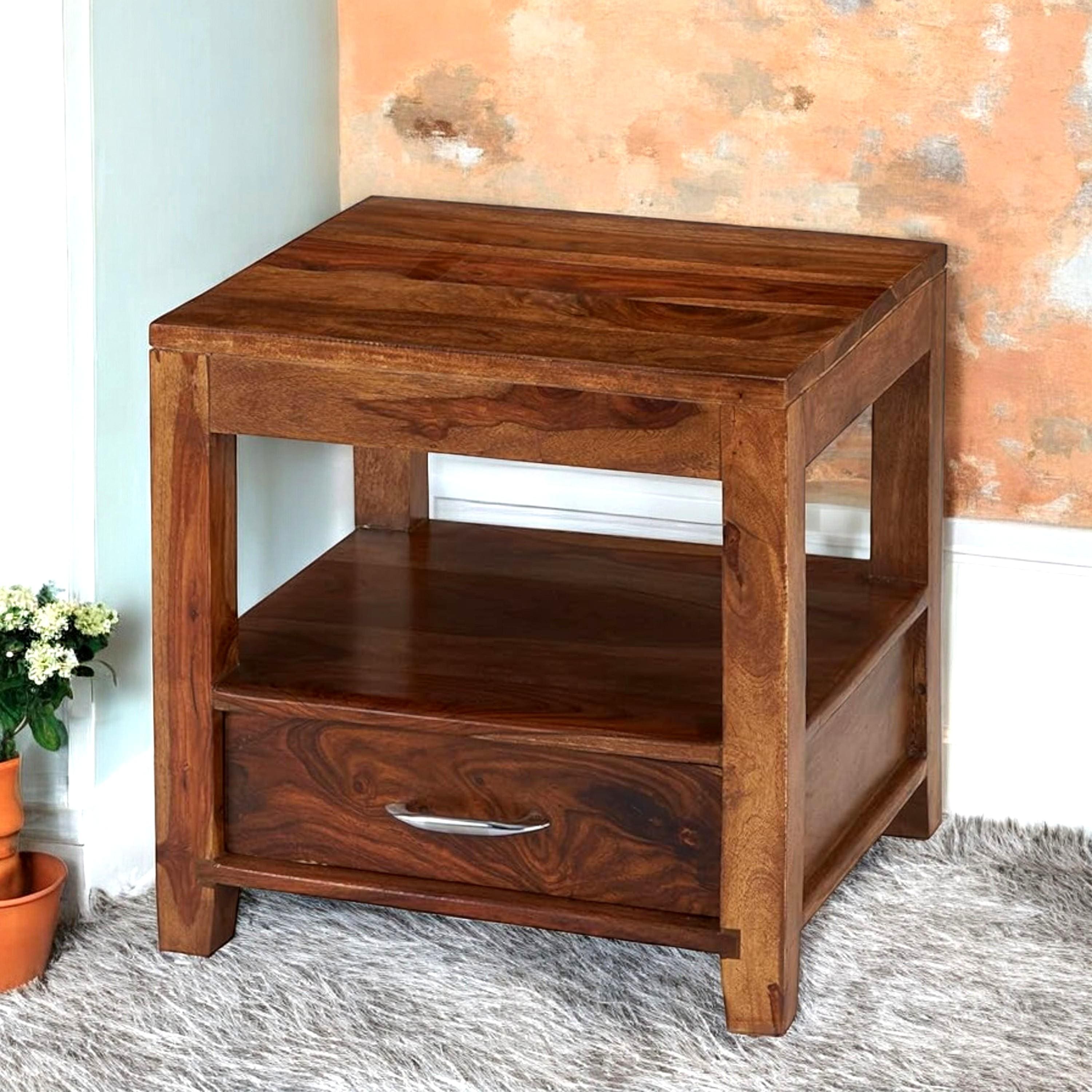 Kassel Sheesham Wood Contemporary Bedside Table End Table In Natural Teak Finish