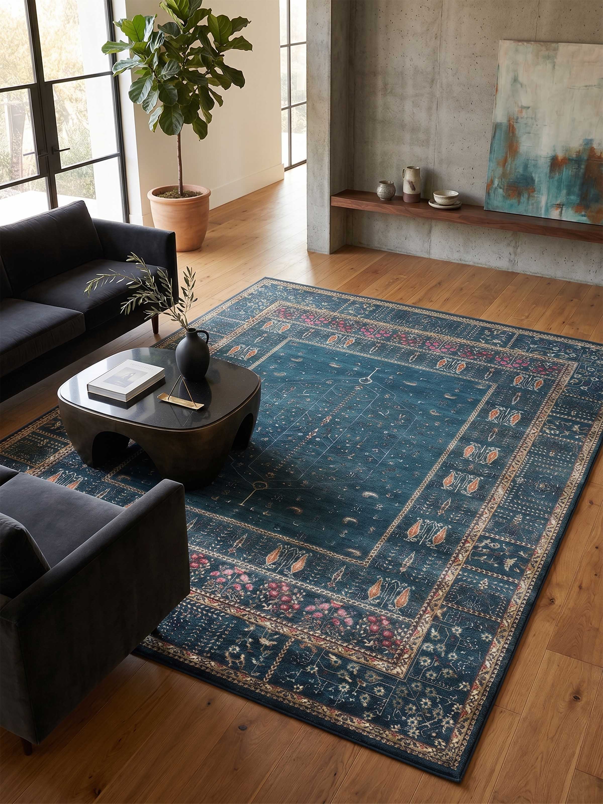 Traditional Persian Blue Rust Tree of Life Bhadohi Wool & Bamboo Silk Hand Knotted Rug