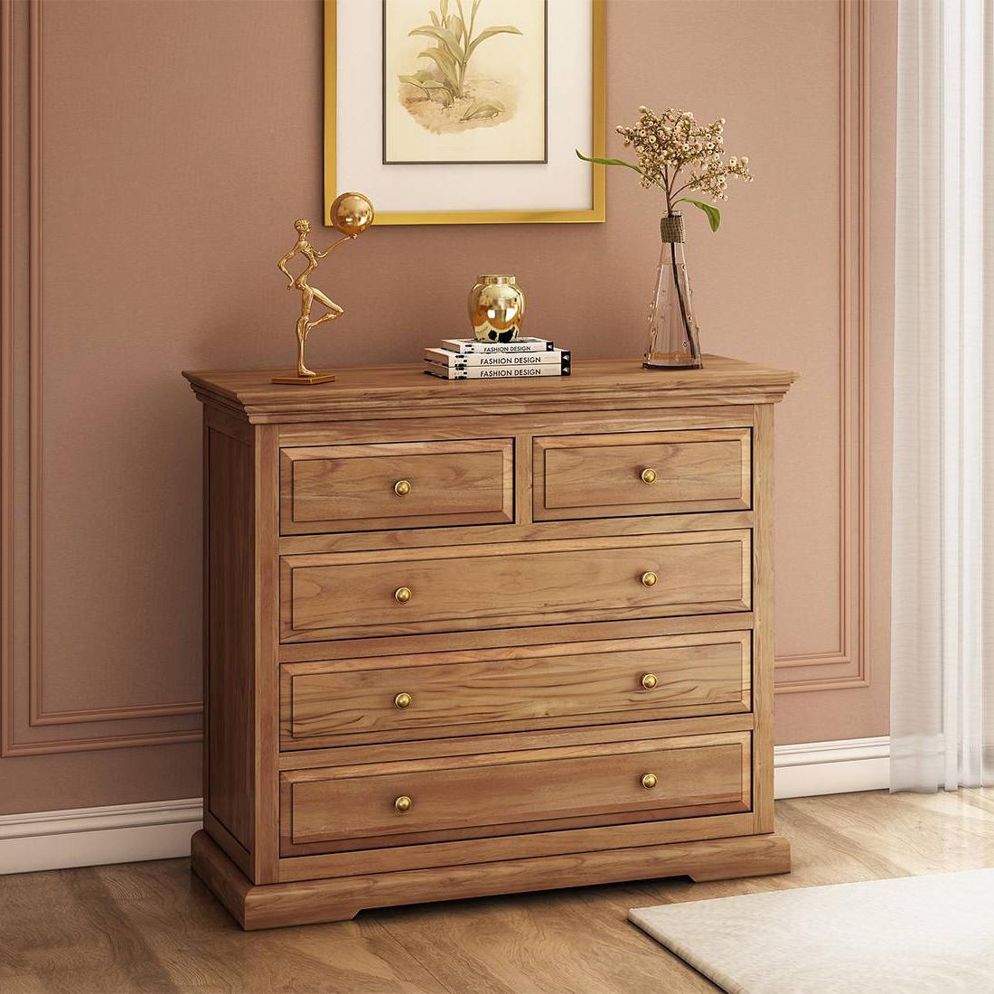 Tuscany Solid Wood Chest of 5 Drawers in Natural Teak Finish