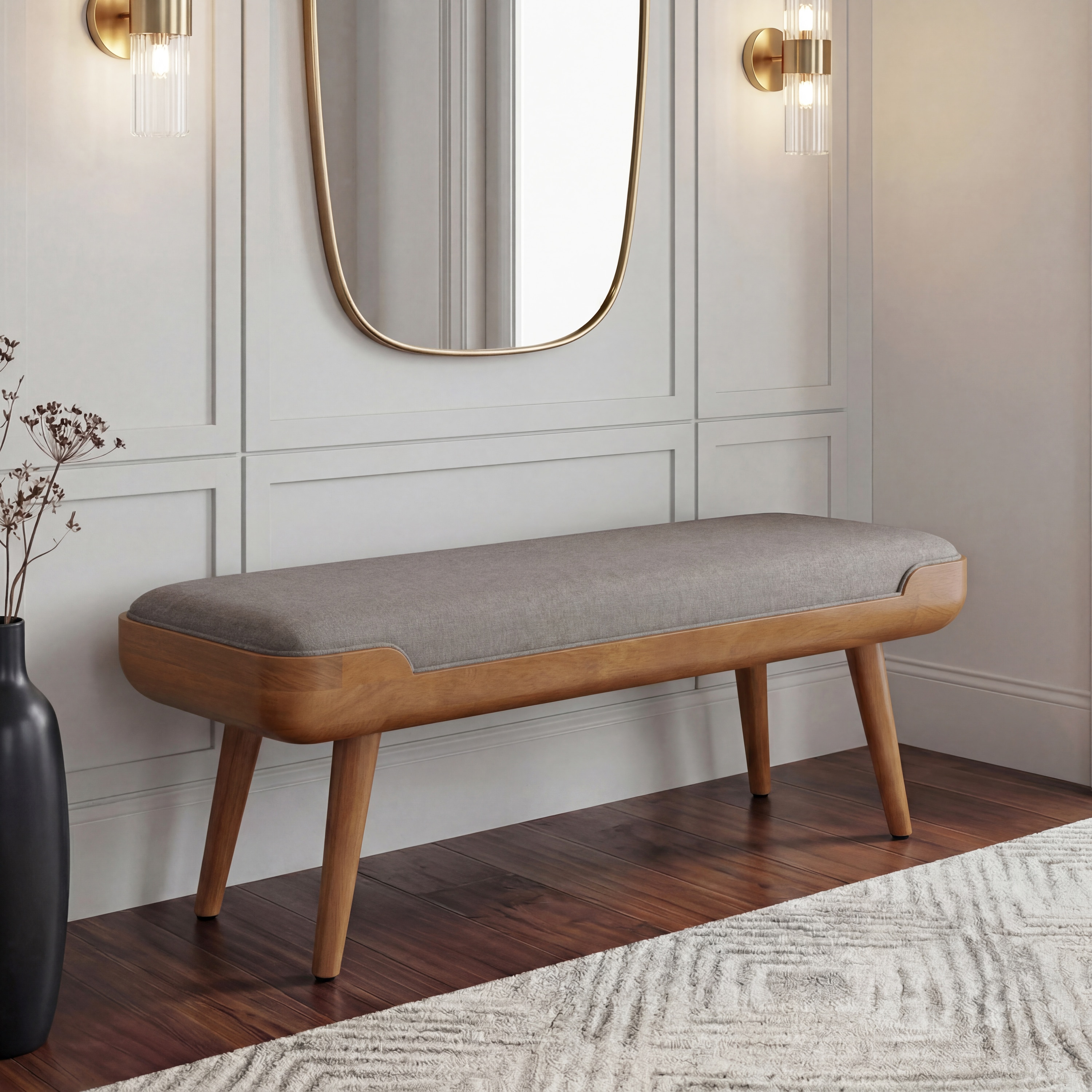 Nuvo Solid Wood Upholstered Bench In Amber Walnut Finish and Shitake Beige Colour