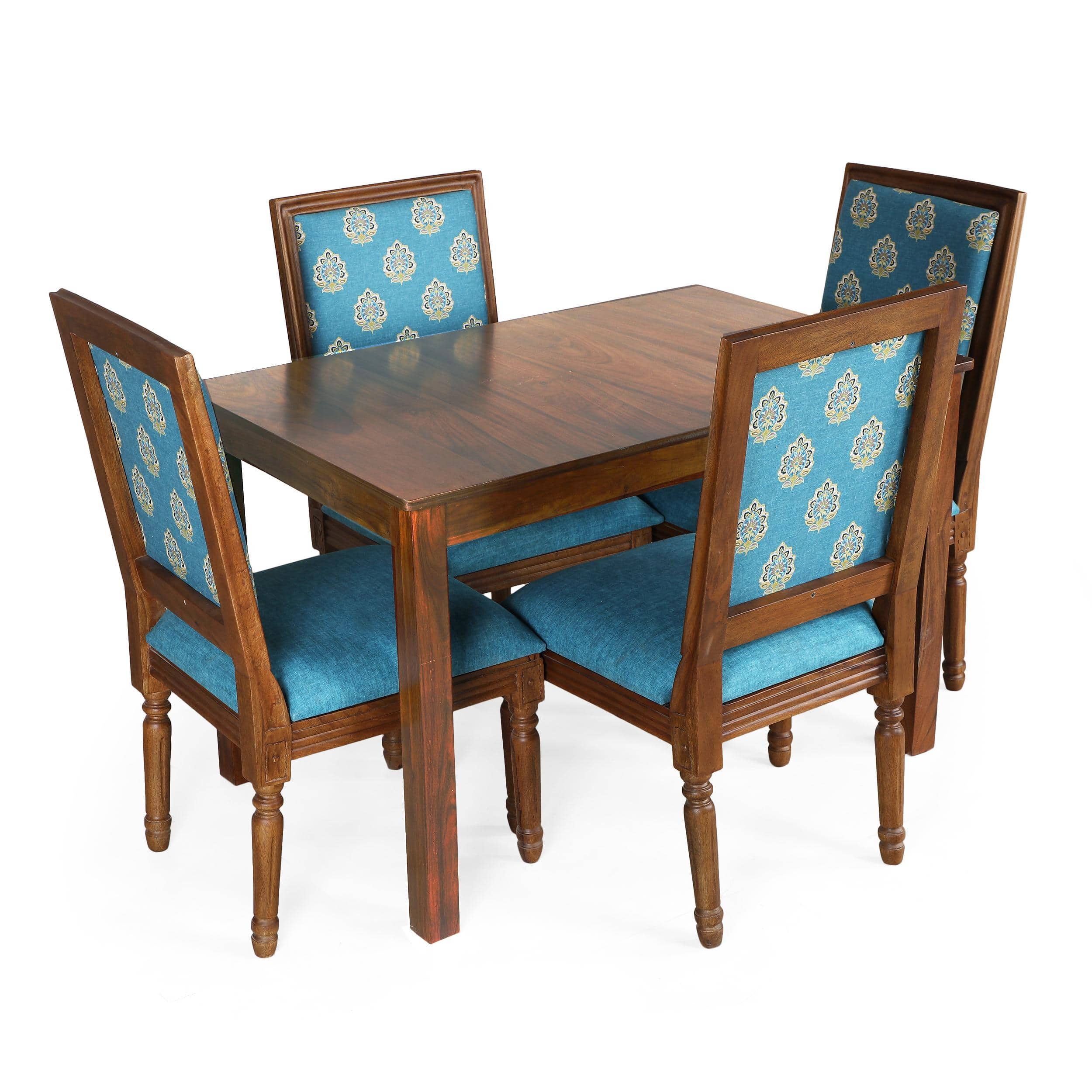 Globally Indian Sheesham Wood 4 Seater Dining Table Set With 4 Solid Wood Upholstered Chairs –  In Blue Color