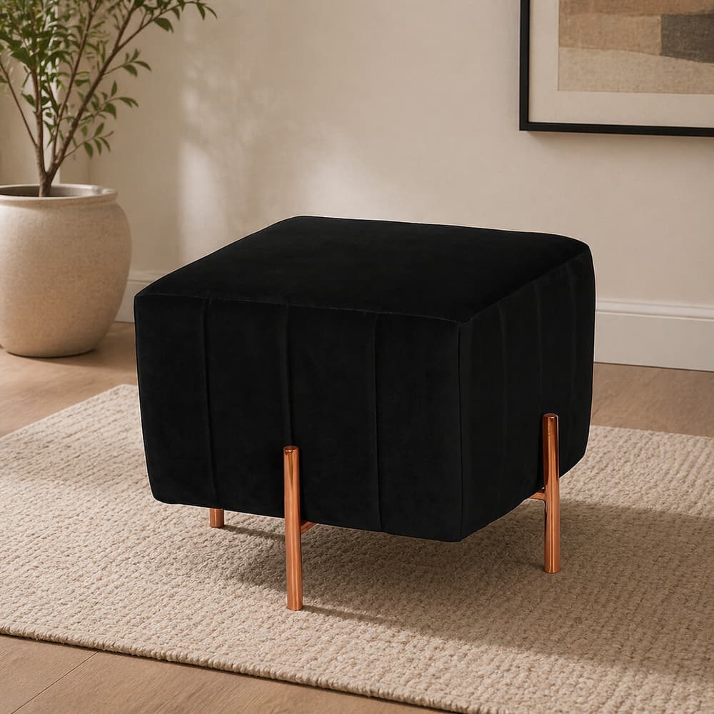 Doe Buck Regent Channel Tufted Velvet Ottoman Stool in Black Colour with Rose Gold Legs - Doe Buck