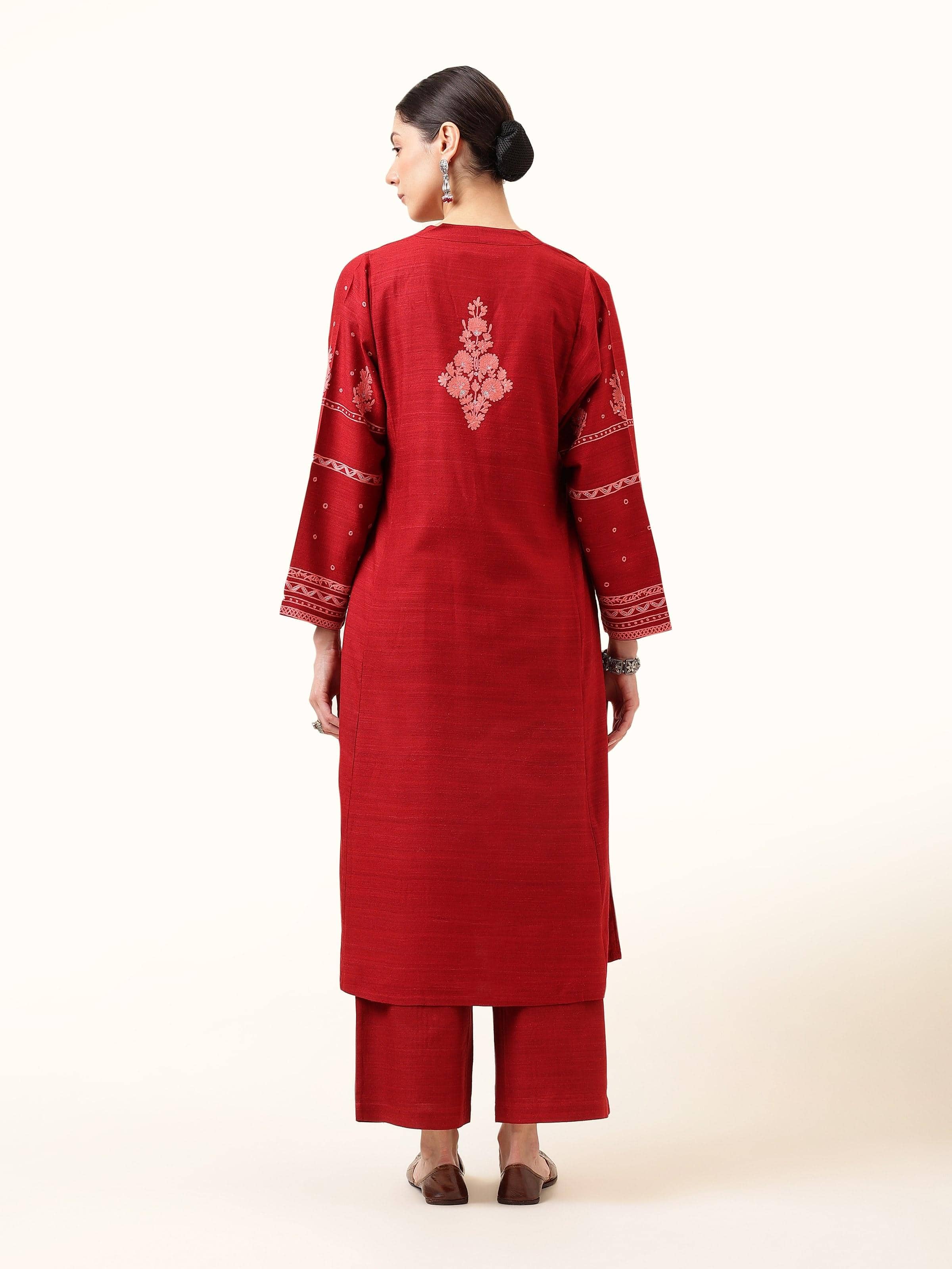 Maroon Silk Crewel Embroidered Kurta