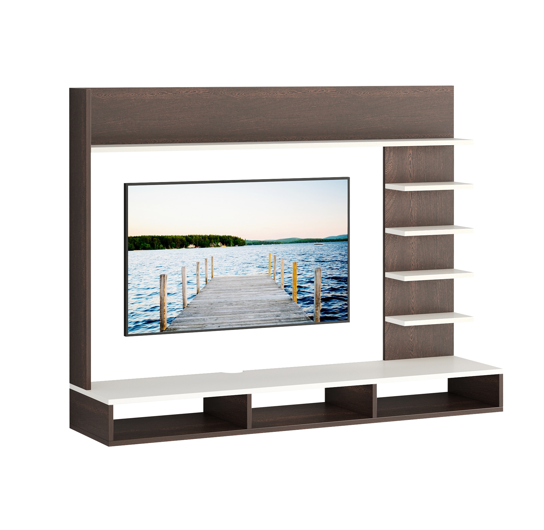 BLUEWUD Primax Grande Standard Engineering Wood Wall Mount TV Entertainment Unit Set Top Box Stand/TV Cabinet Panel with Shelves for Books & D�cor Display Unit, Ideal for 42" (Wenge& White)