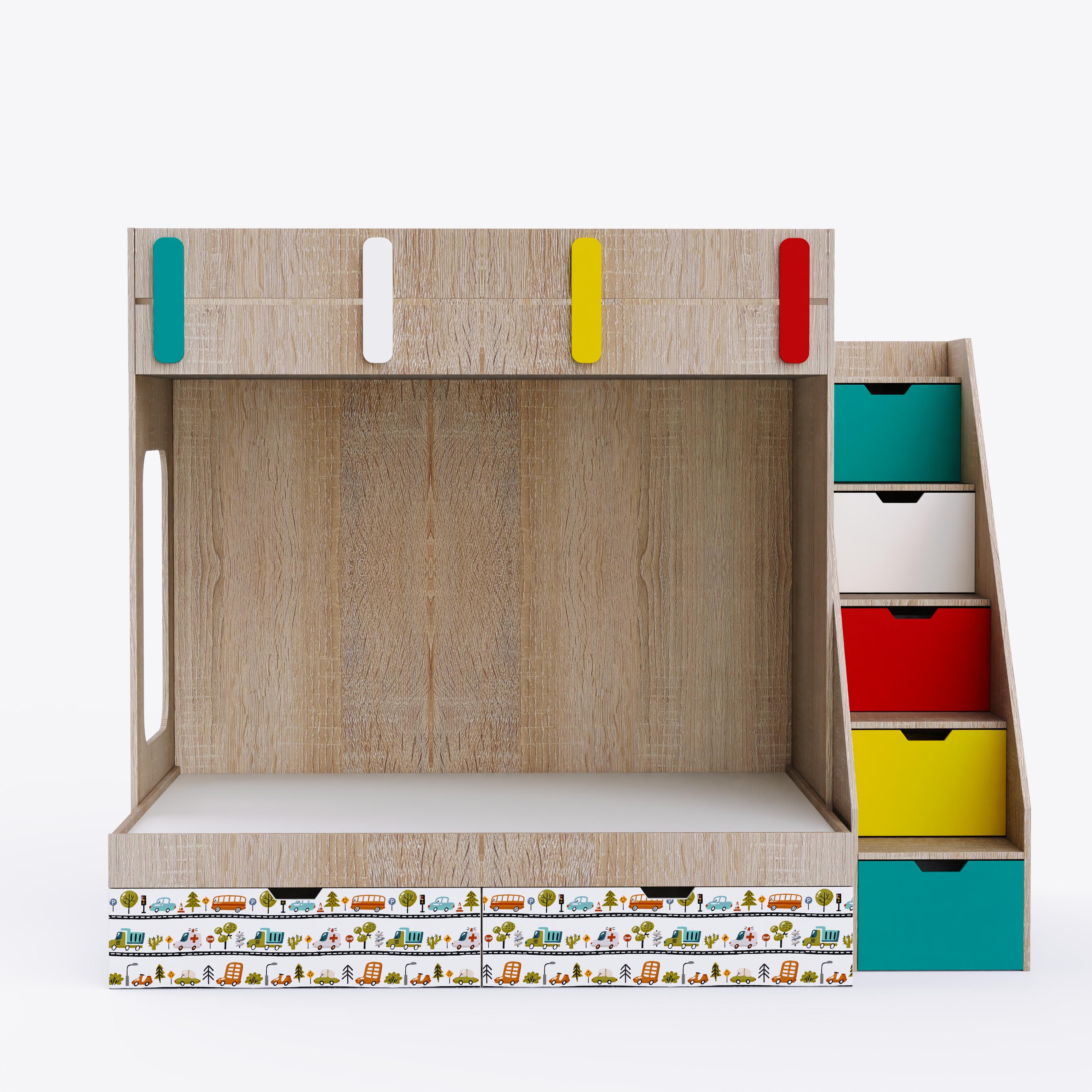 Pattern Dreams Bunk Bed  6X5 (Drawers On Wheels) In Oak & red Colour