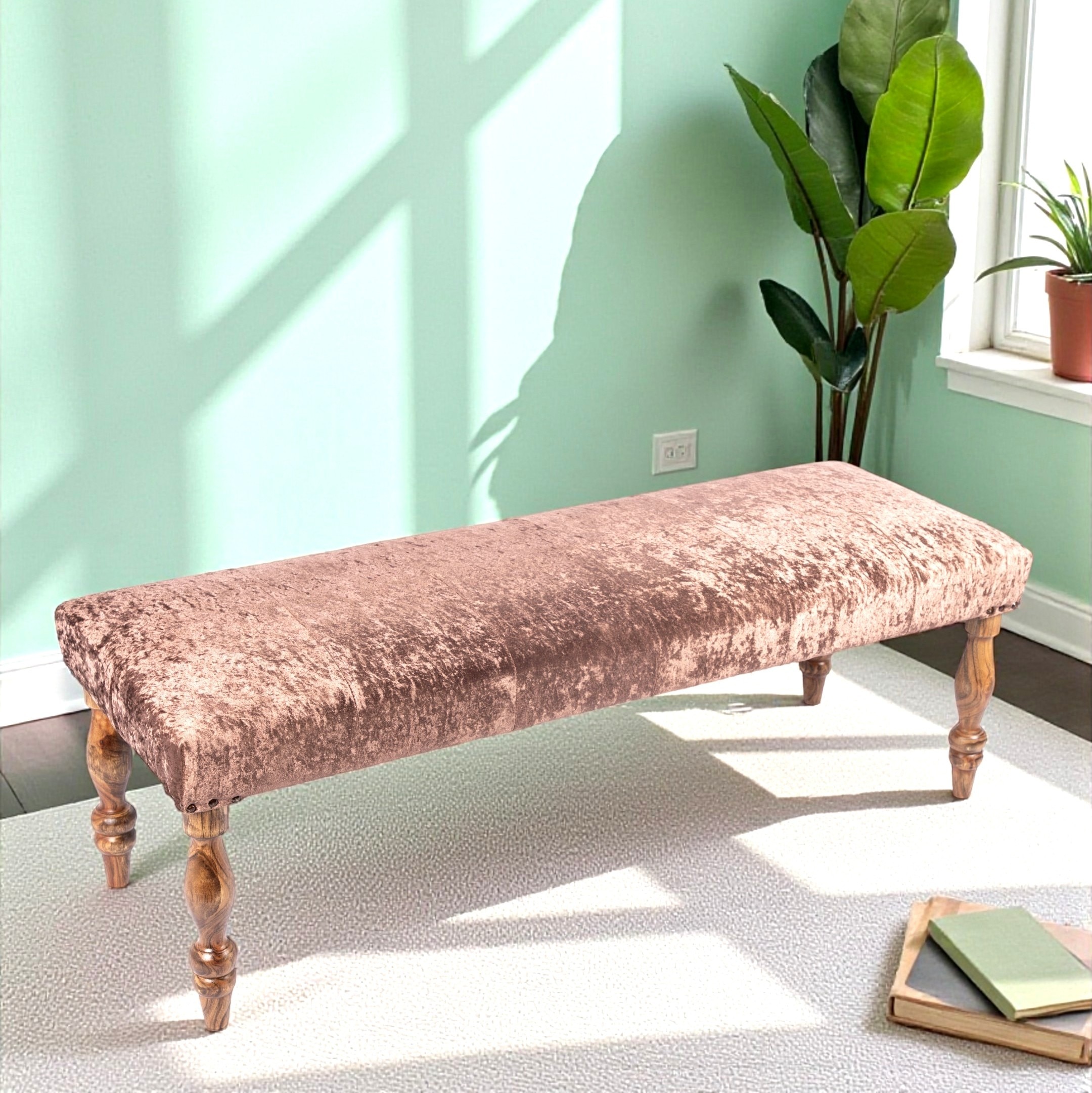 Cairo Soild Wood Bench In Velvet Brown Fabric