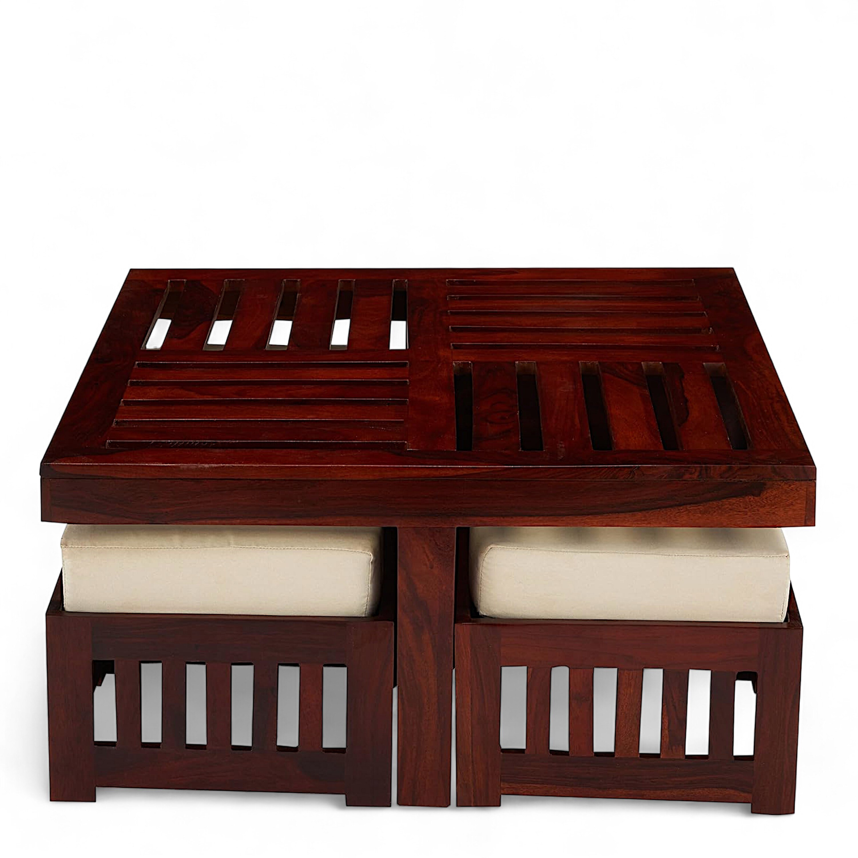 Palladio Sheesham Wood Accent Coffee Table Set With 4 Stools In Honey Finish