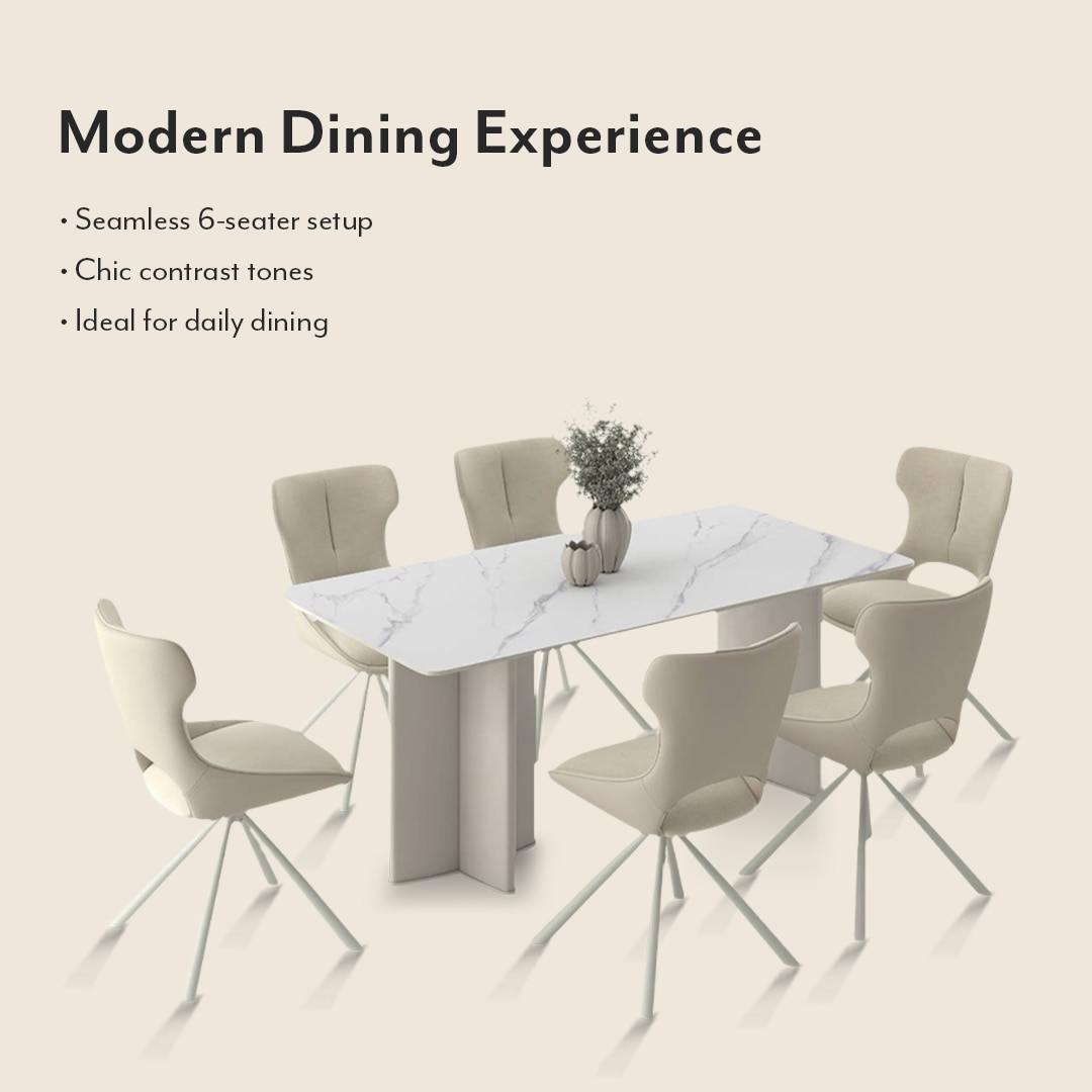 Rosen 6 Seater Chinese Dining Table With Set Of 6 Tulip Dining Chairs (Colour- Beige, Finish- White & Cream)