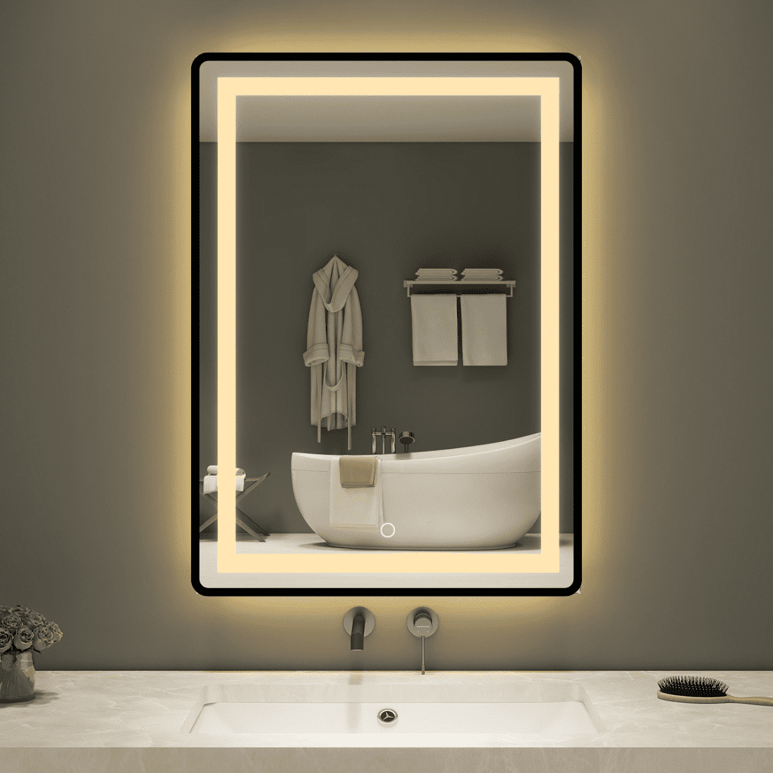 Modern Rectangular LED Mirror Black Stainless Steel Frame with Shelving