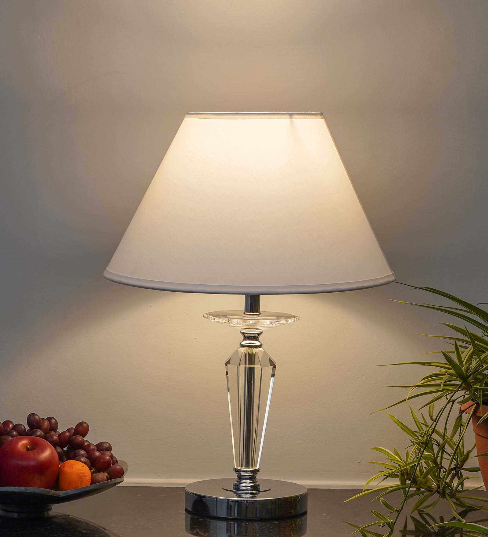 Viso Chrome Finish Metal And Clear Crystal Glass Table Lamp With White Cotton Shade