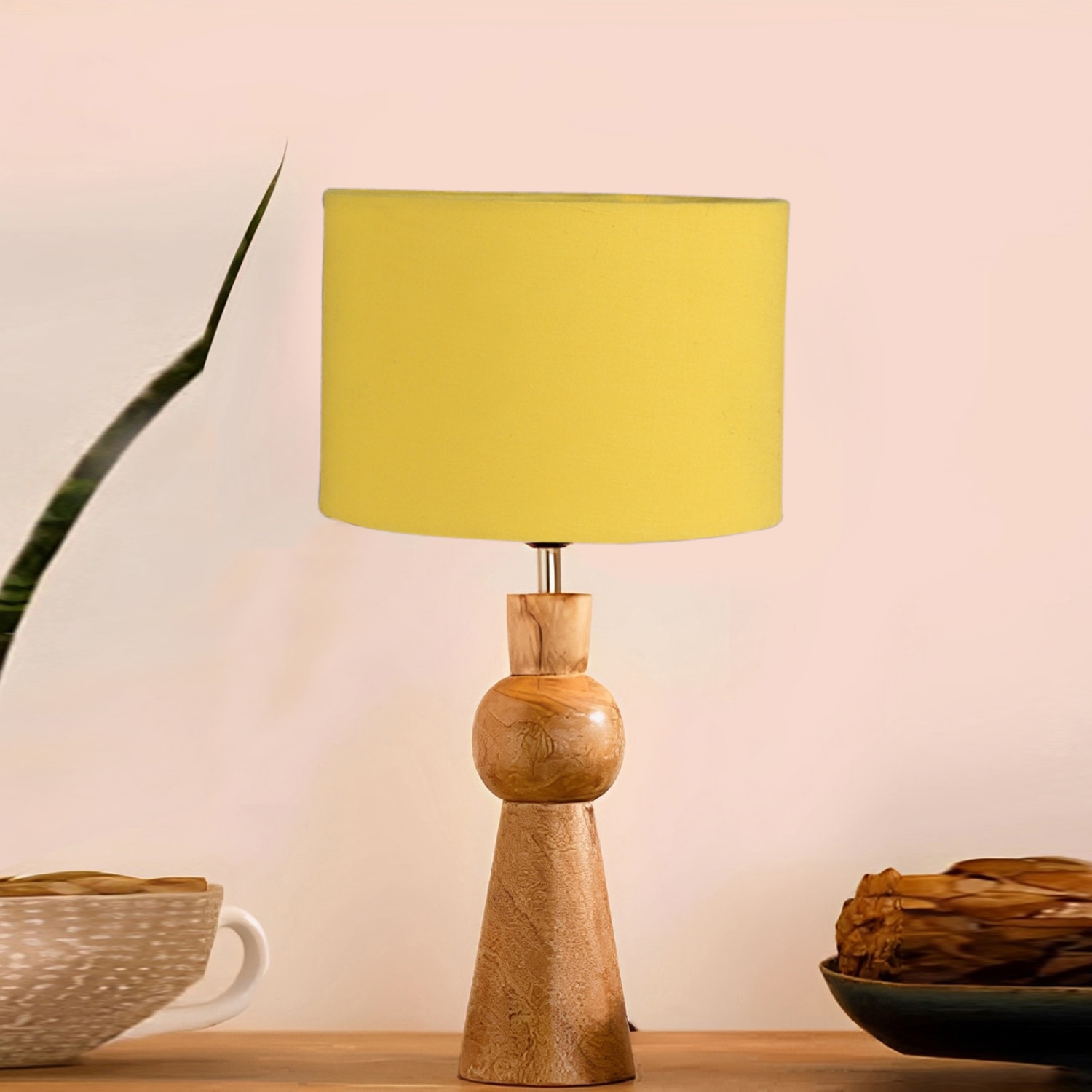 Devansh Yellow Cotton Table Lamp With  Wood Natural Base (7X18.25 Inches)-6
