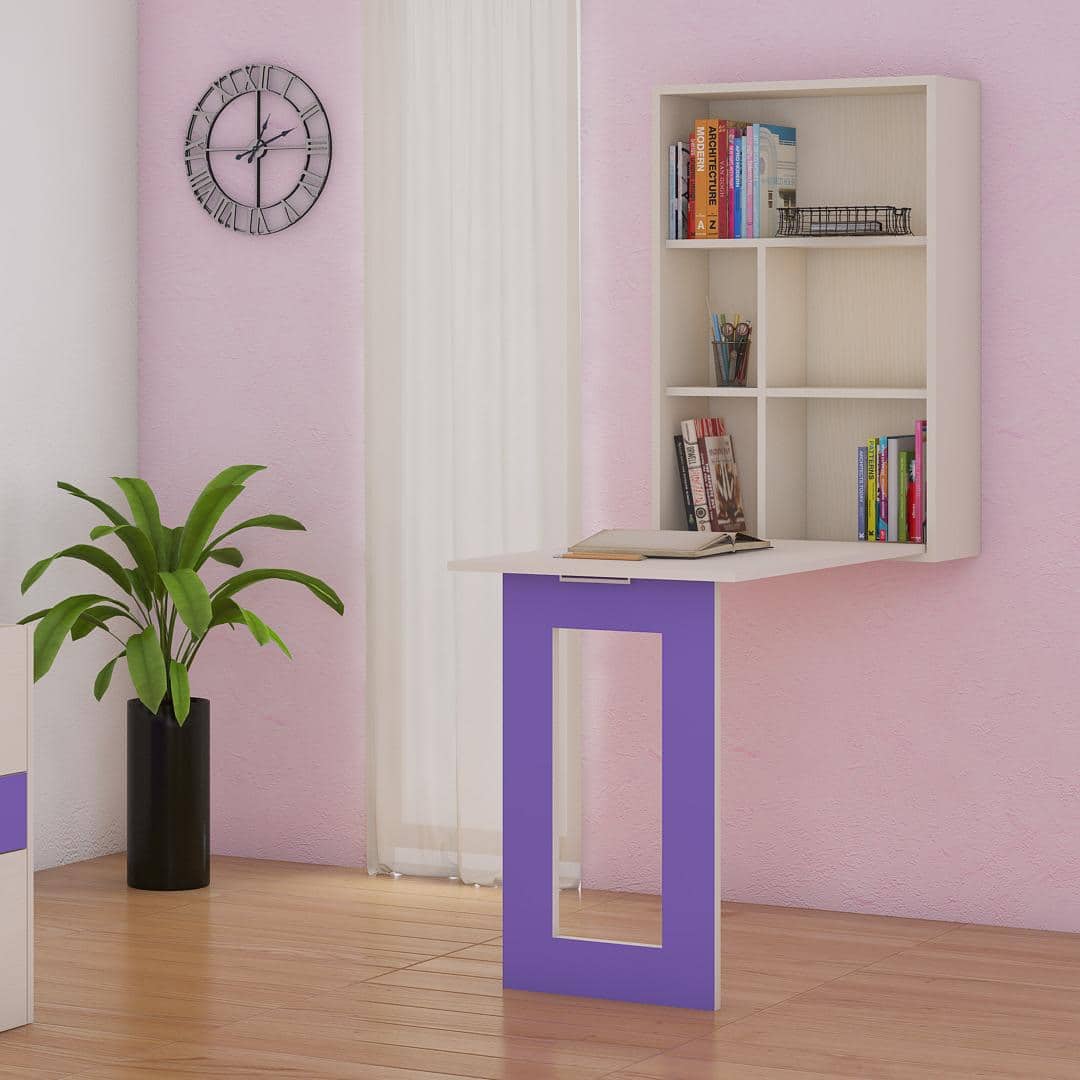 Calypso Kids Wall Mounted Folding Study Desk and Built In Bookshelf in Light Wood Lavender Purple Colour