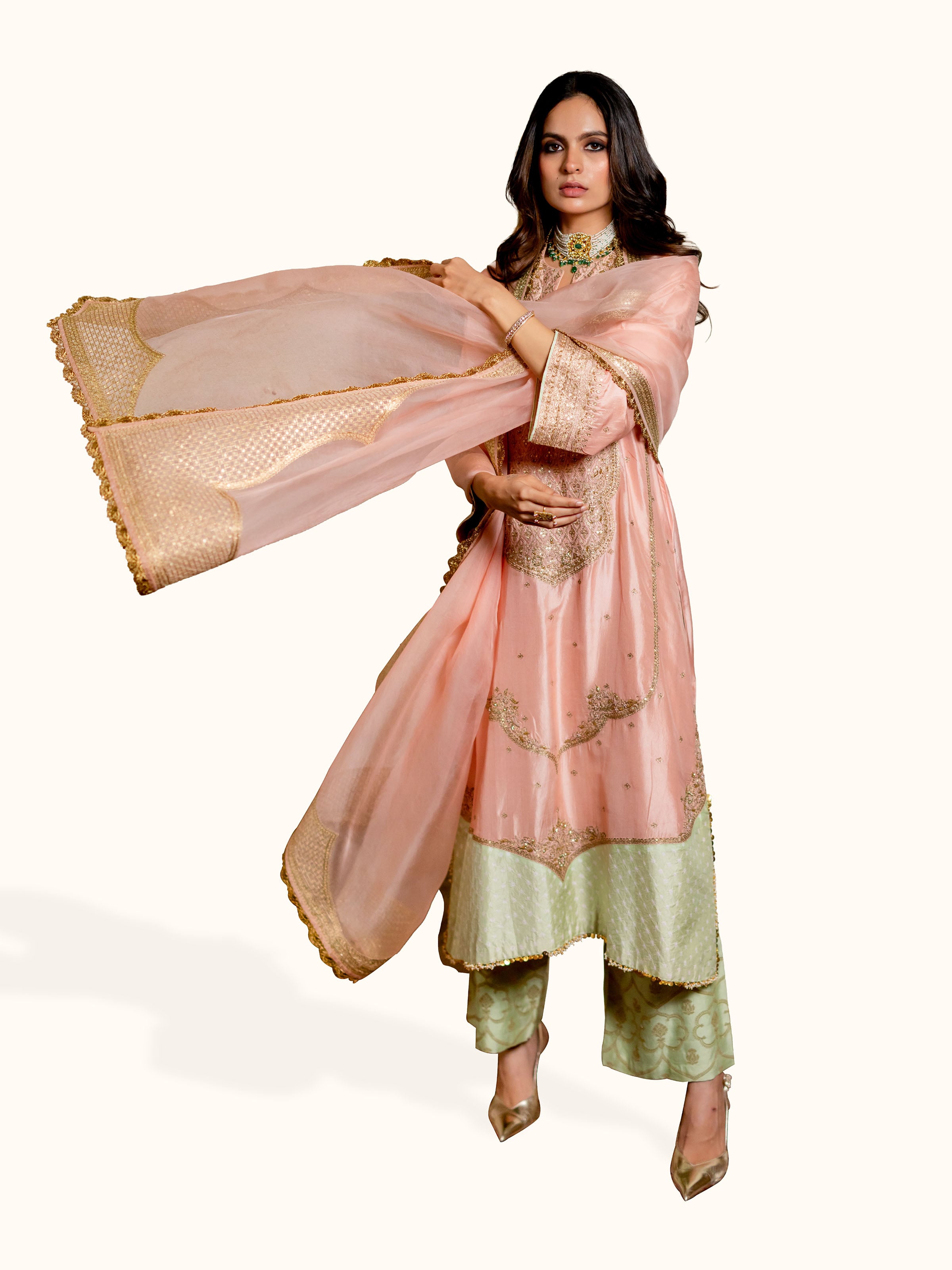 Front view of the Off-white Silk Brocade Handloom Banarasi Saree