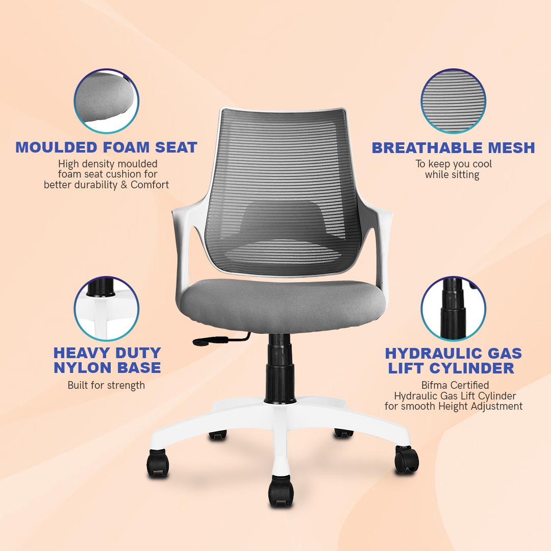 Polaris Mid Back Mesh Office Chair in White Grey Colour