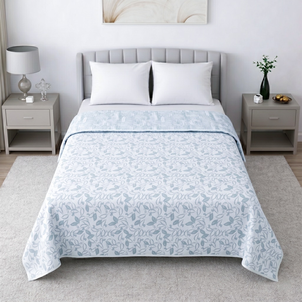 White and Green Shade Floral Dohar Pure Cotton Double Bed Reversible