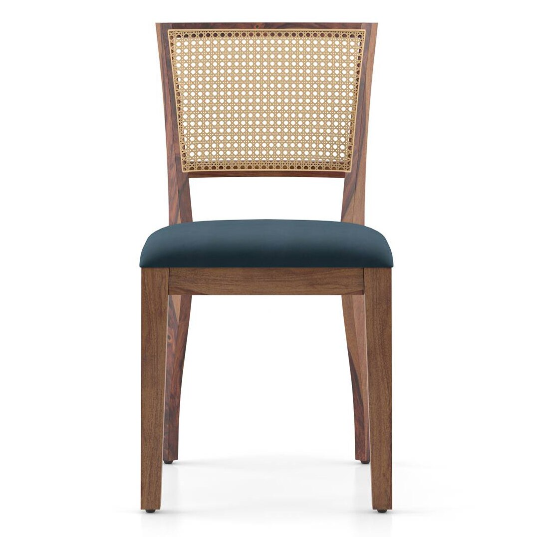 Argiro Solid Wood Dining Chair Set Of 2 In Teak Finish & Night Blue Velvet Fabric Colour