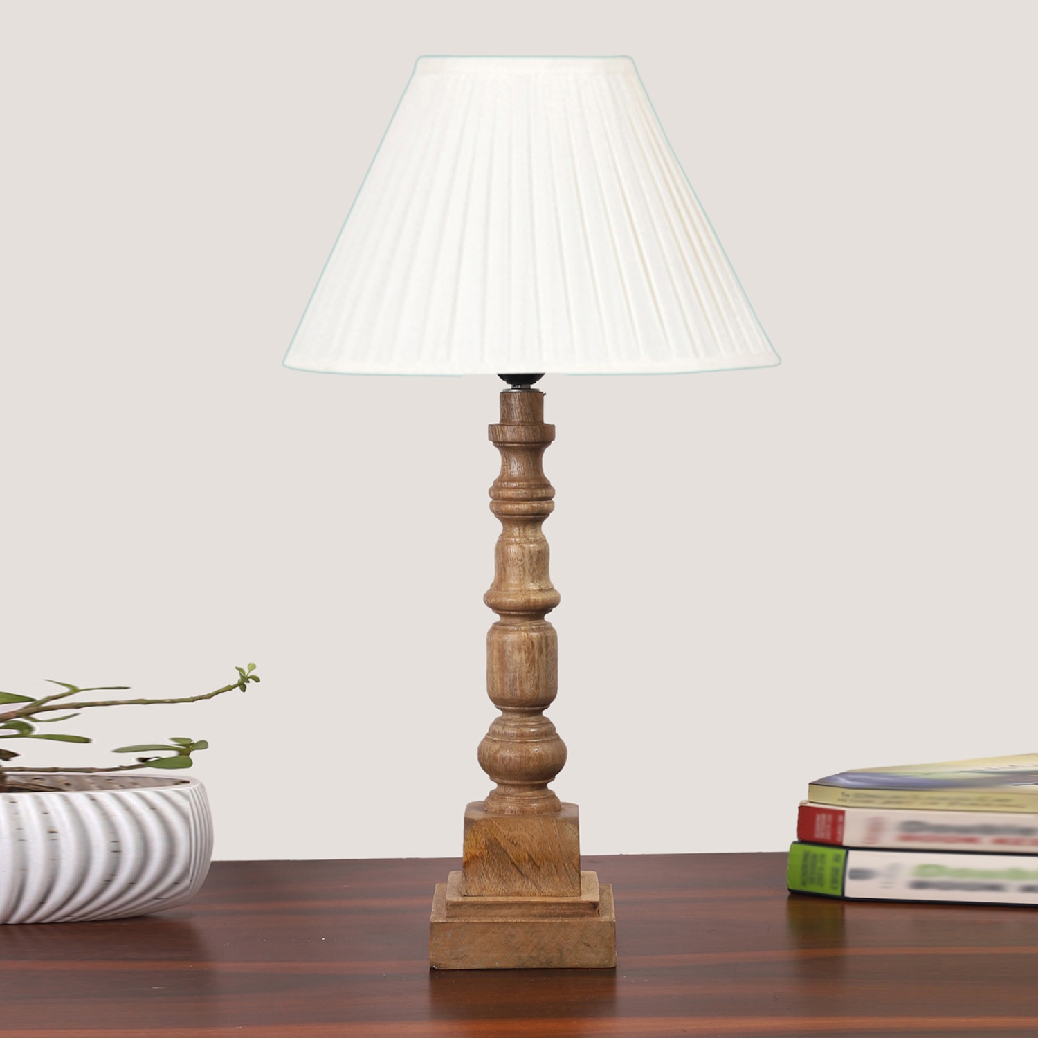 Devansh Off-White Cotton Vintage Straight Pleated   Lamp With Wood Base (12X12X22.75) - Devansh