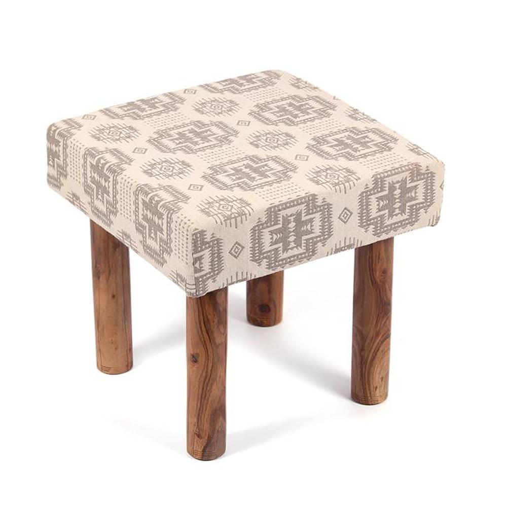 Kingsville Solid Wood Stool in Grey Traditional Motif Design Jackard fabric - Ikiriya