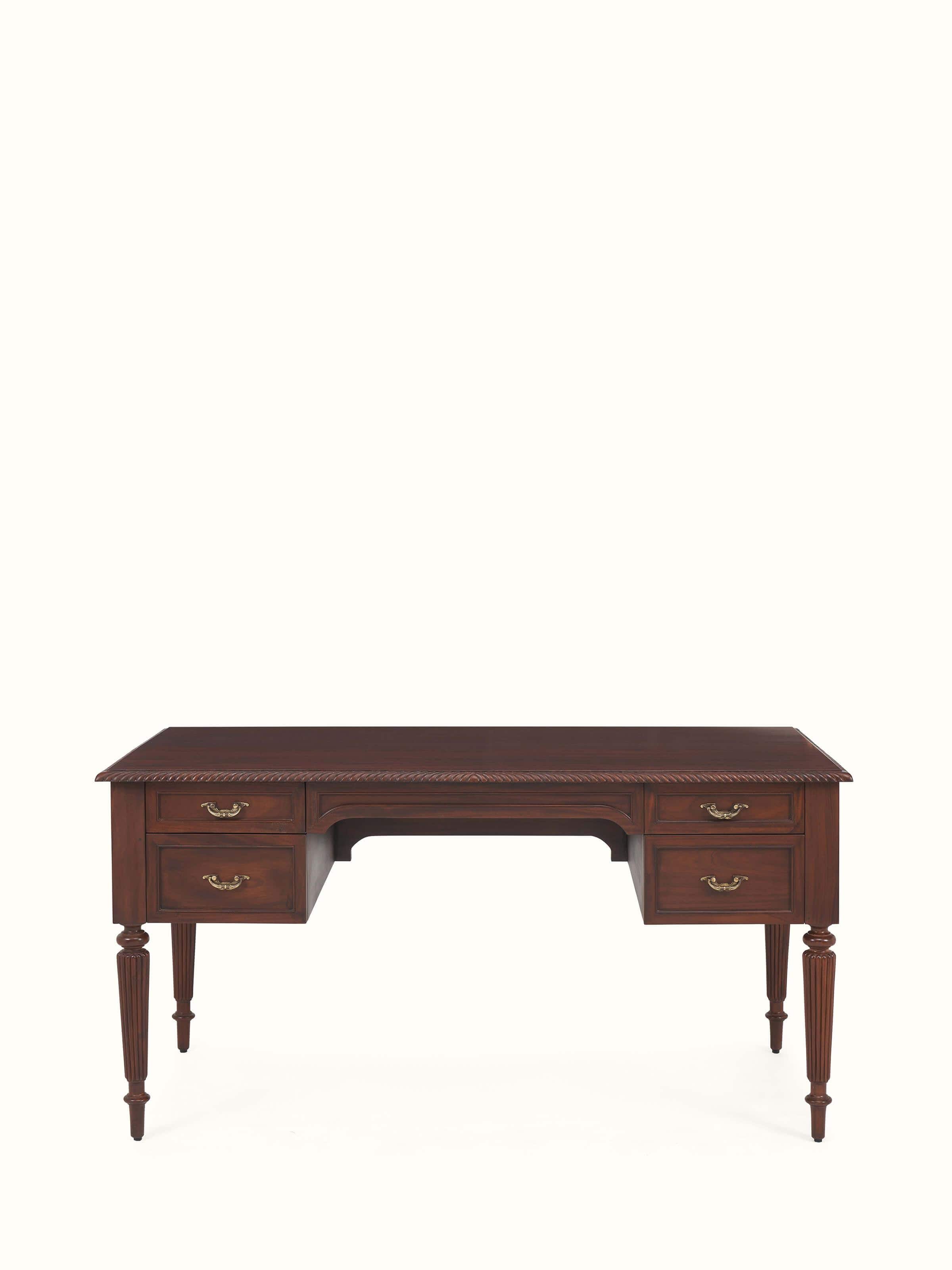 Front view of Mahogany wood study table with 4 drawers highlighting symmetrical layout and rich wood tone