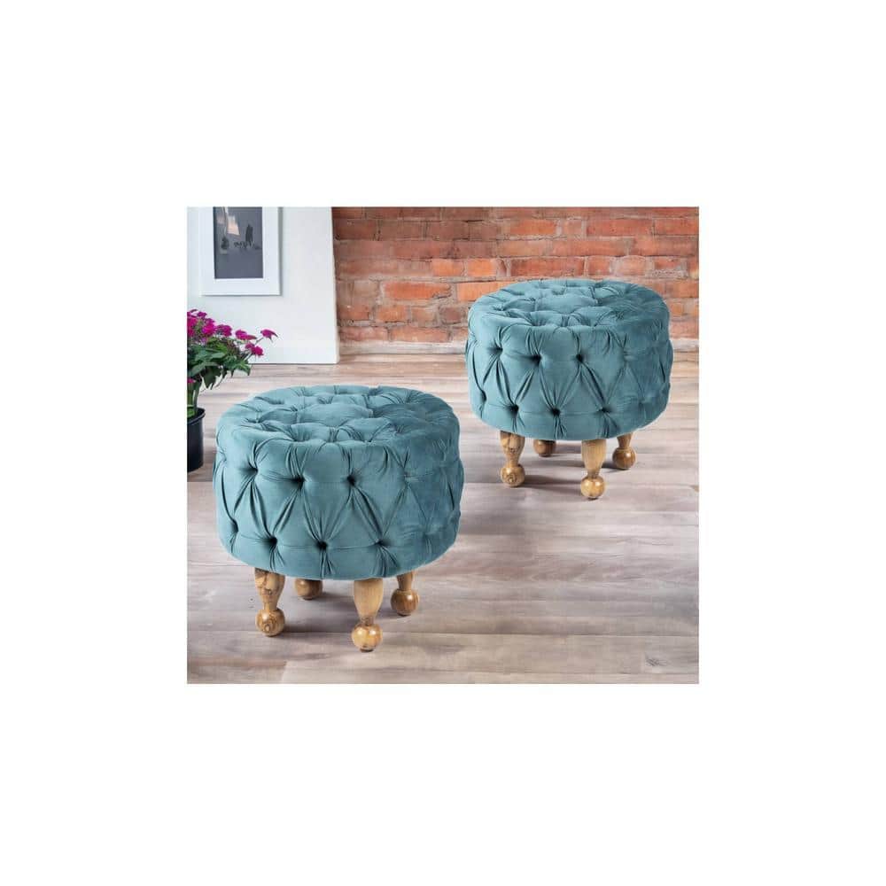Louisville Acacia Wood Accent Round Set of 2 Pouf Stools in Turquoise