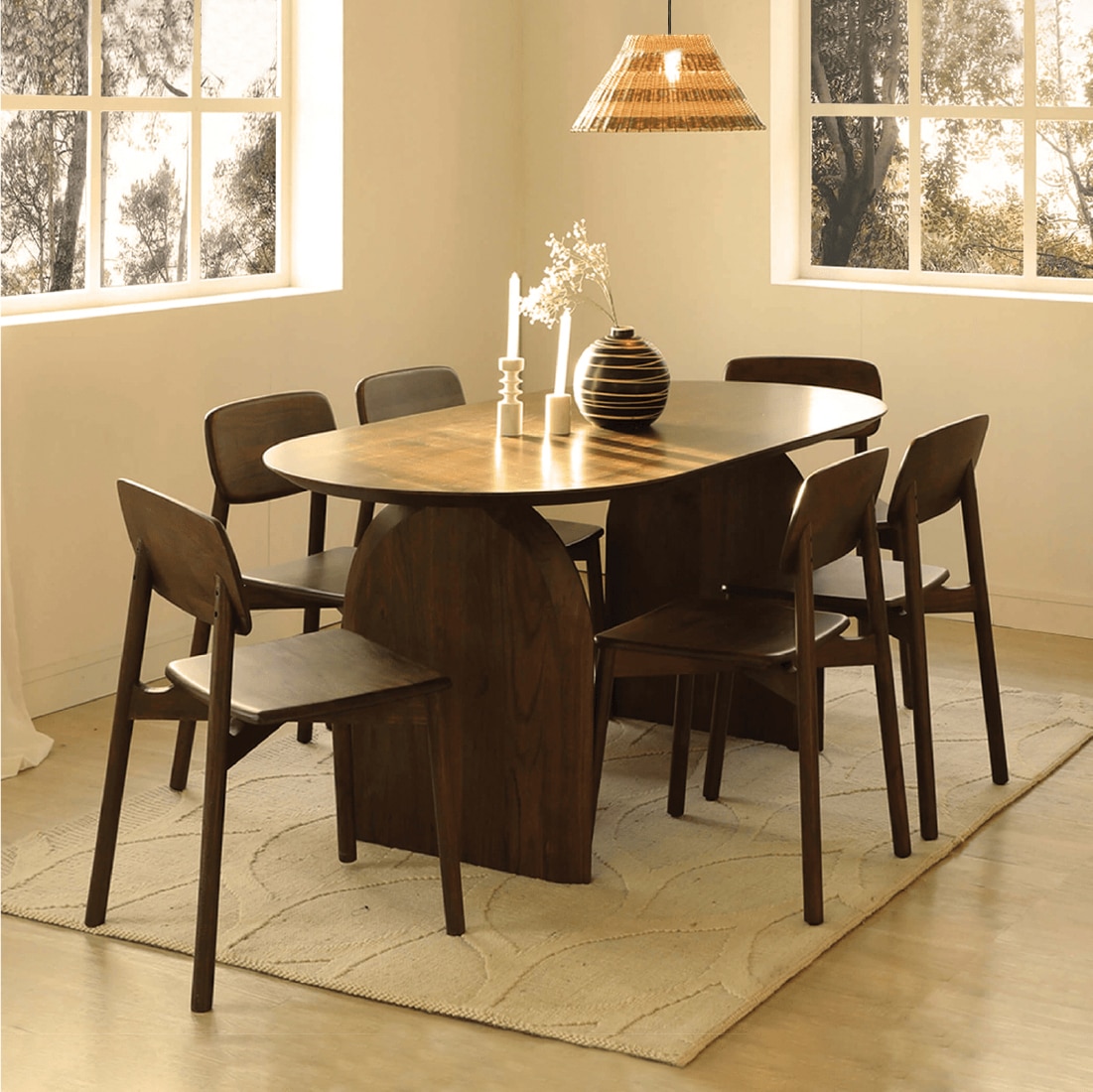 Emiko Solid Wood Dining Table with Six Chairs in Brown Colour - Orange Tree
