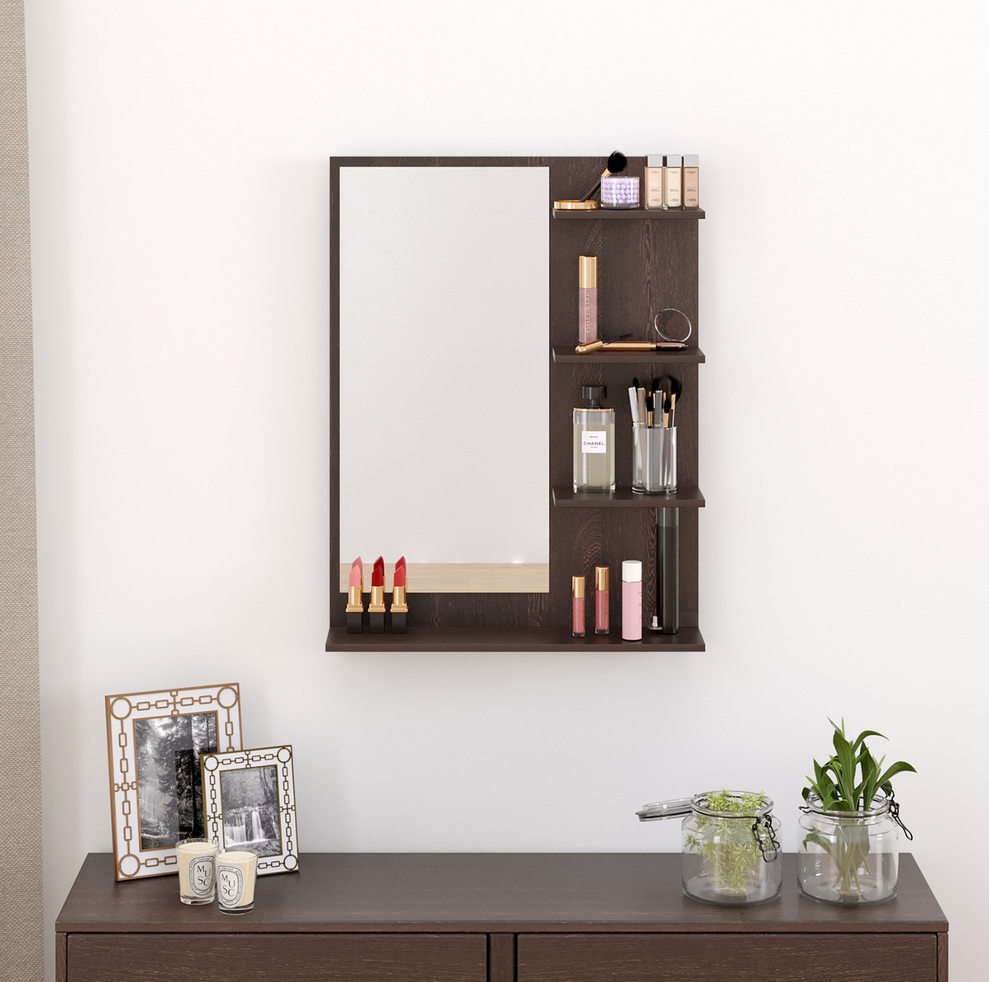 BLUEWUD Rico Mini Engineered Wood Wall Mount Dressing Table Organizer Makeup Vanity with Mirror Storage Shelves for Bedroom Home Furniture (Wenge)