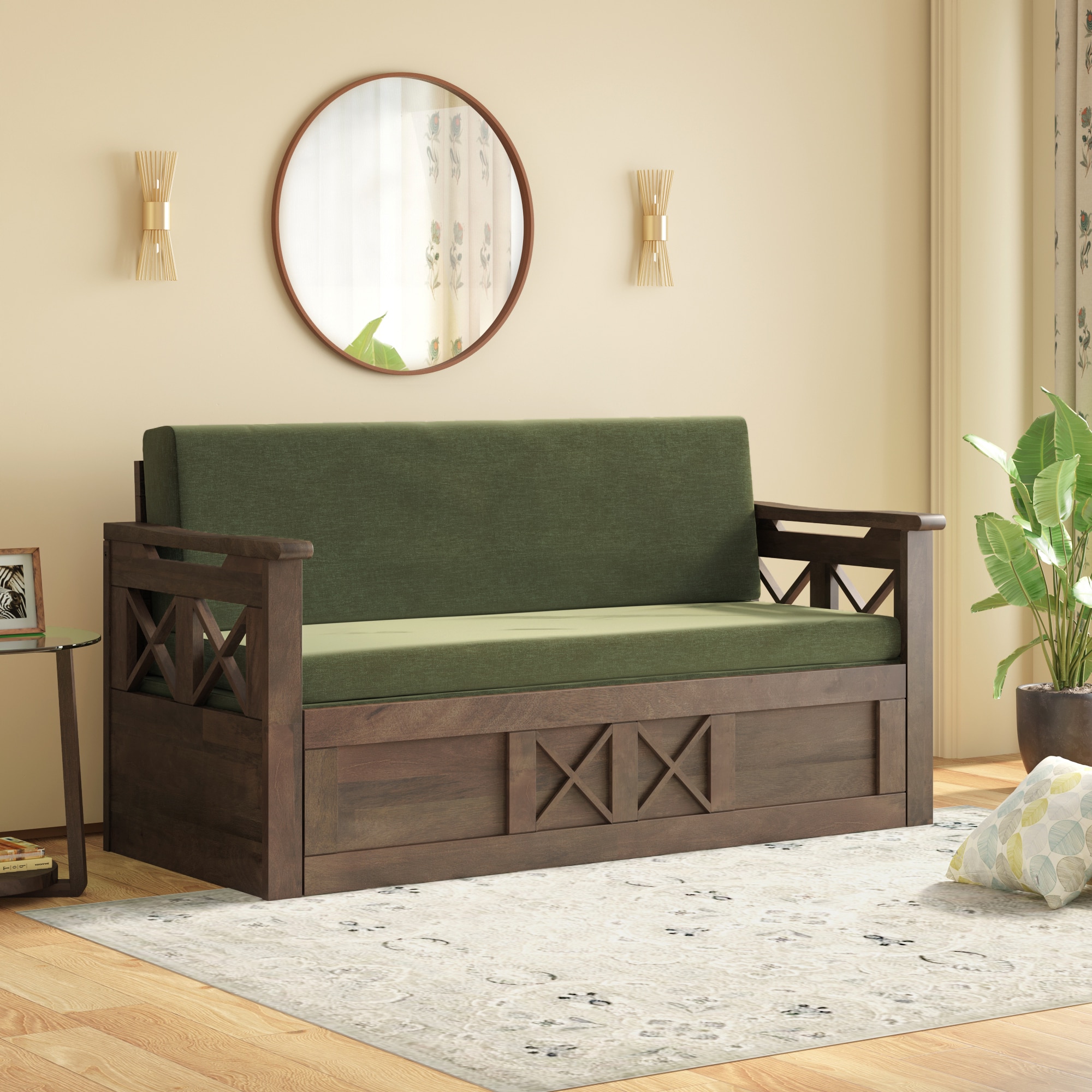 Bram 3 Seater Sofa Cum Bed in Danish Walnut Finish with Moss Green Colour