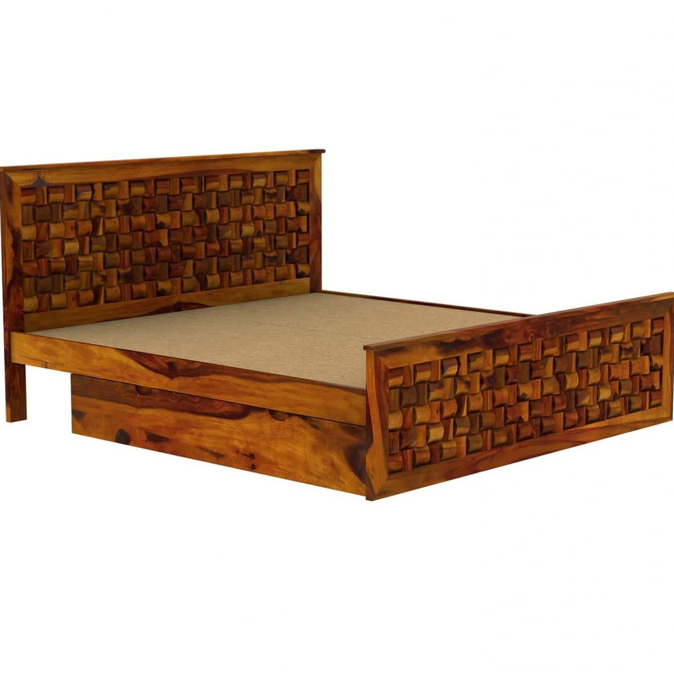 Moglis Solid Wood Queen  Size Bed With Drawer Storage Bed In Honey Oak Finish