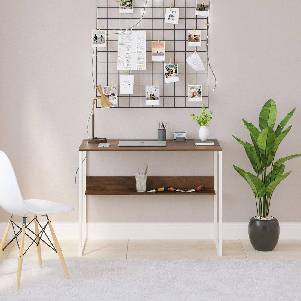 Corbyn Solo Engineered Wood Study, Laptop Table for Home or Office, WFH Desk with Additional Shelves Storage for Books and Décor Display for Adults Kids Students (Brown Maple & White Legs)