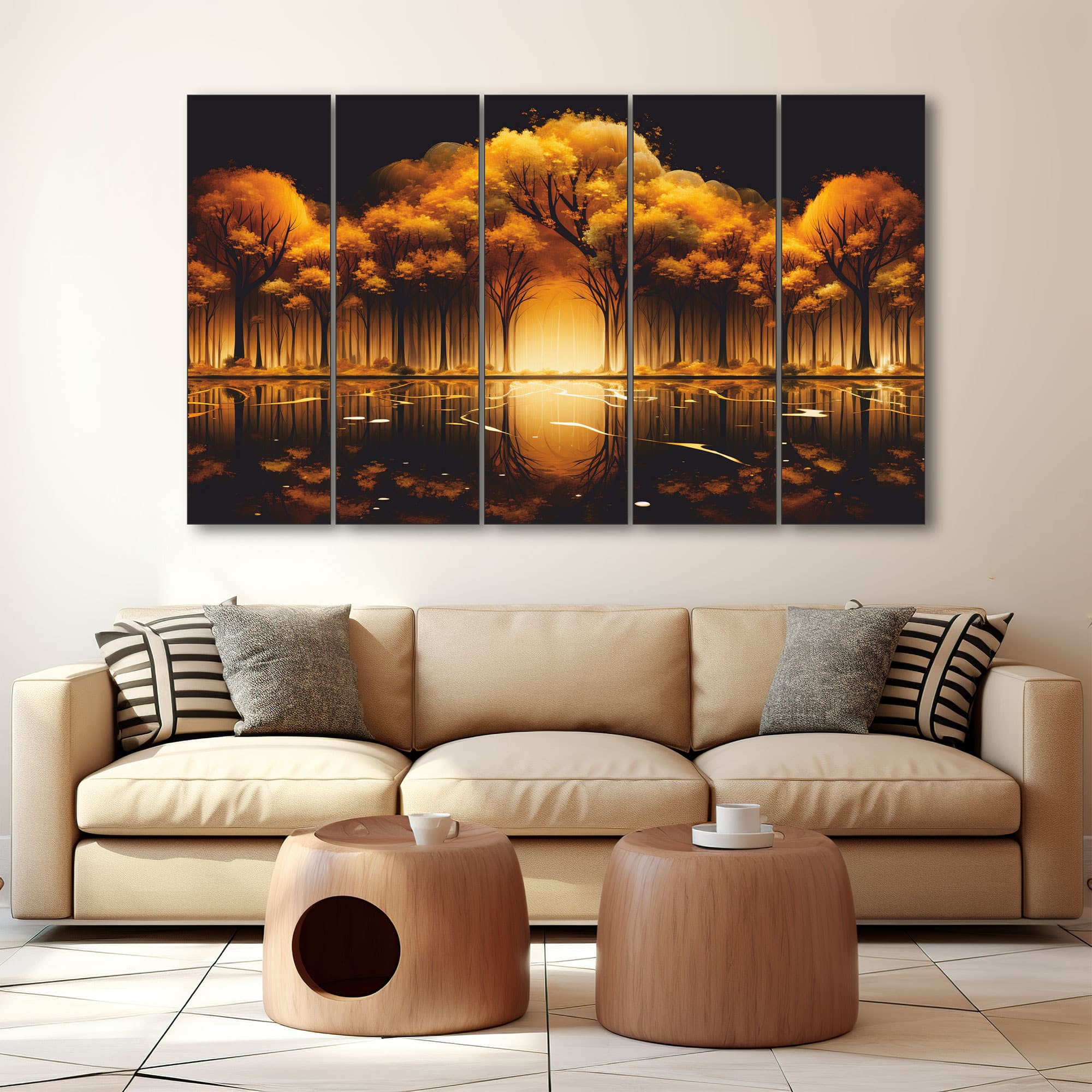The Castle Decor Nature Golden Trees Wall Art Set of 5 Wooden Framed Digital Painting 27x48 Inch - The Castle Decor