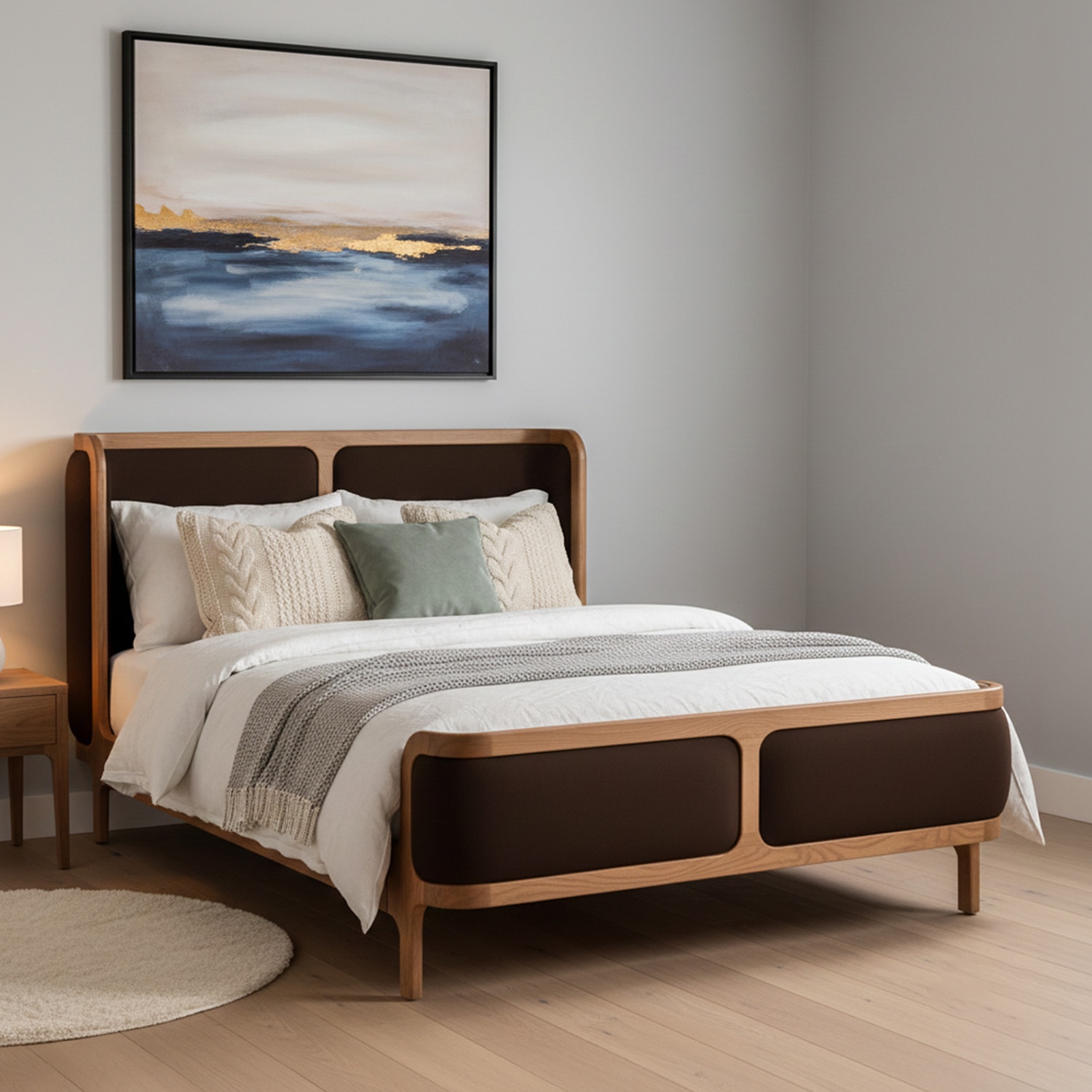 Valerio Duo-Panel Luxe Queen Size Bed in Chocolate Brown colour Velvet with Oak wood Frame - Nestroots