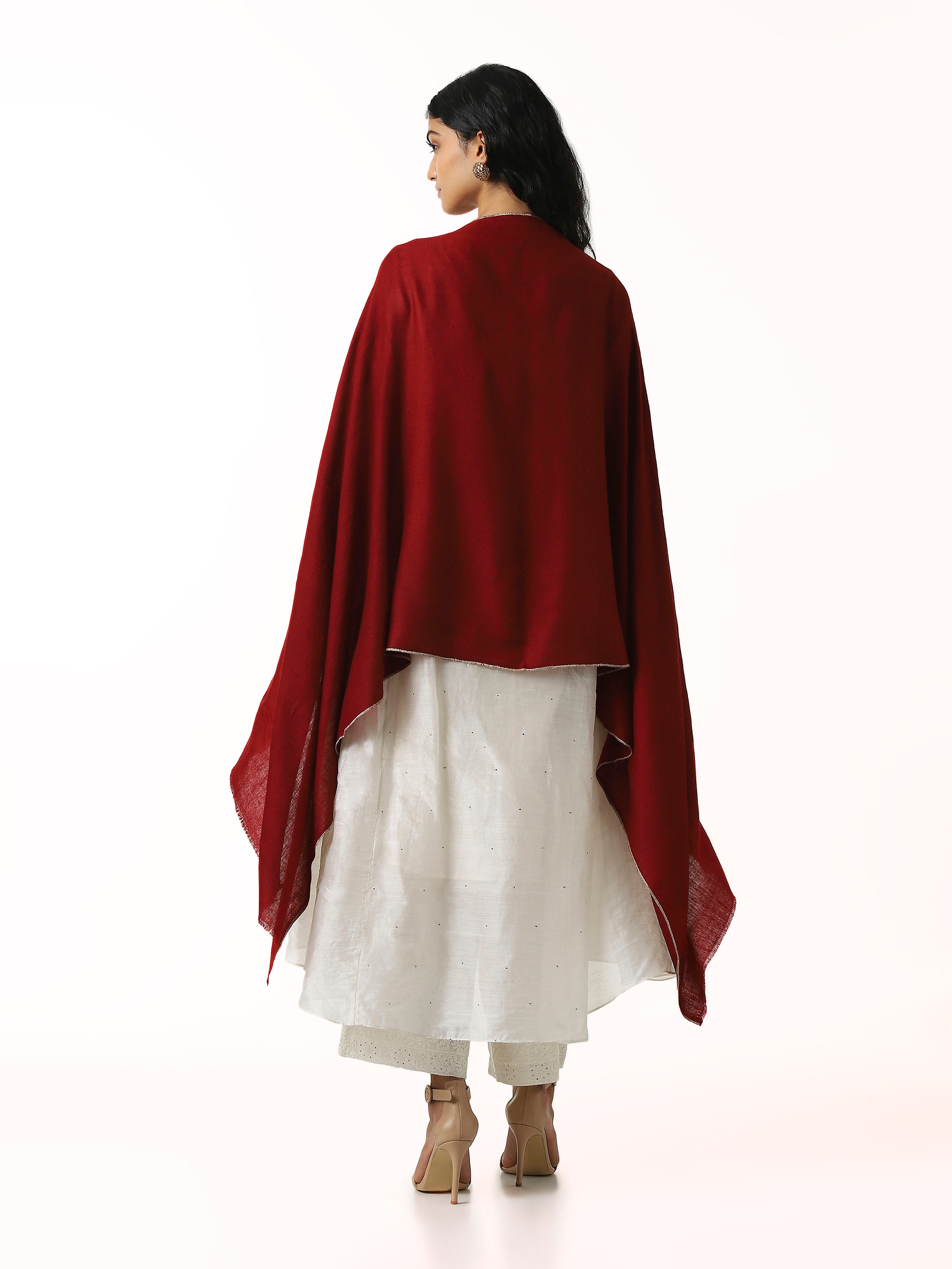 Back view of maroon cashmere kaaj embroidered handwoven stole displaying embroidered detailing