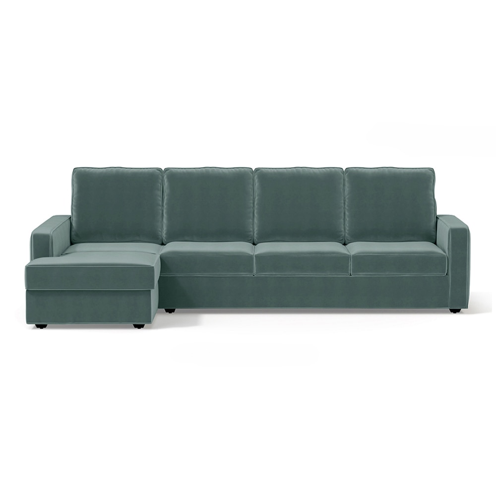 Apollo Compact Sofa (Colour : Dusty Turquoise Velvet, Cushion : Soft, Back Type : High Back, Seating Capacity : Left Aligned 3 Seater + Left Aligned Chaise + Ottoman) - Urban Ladder