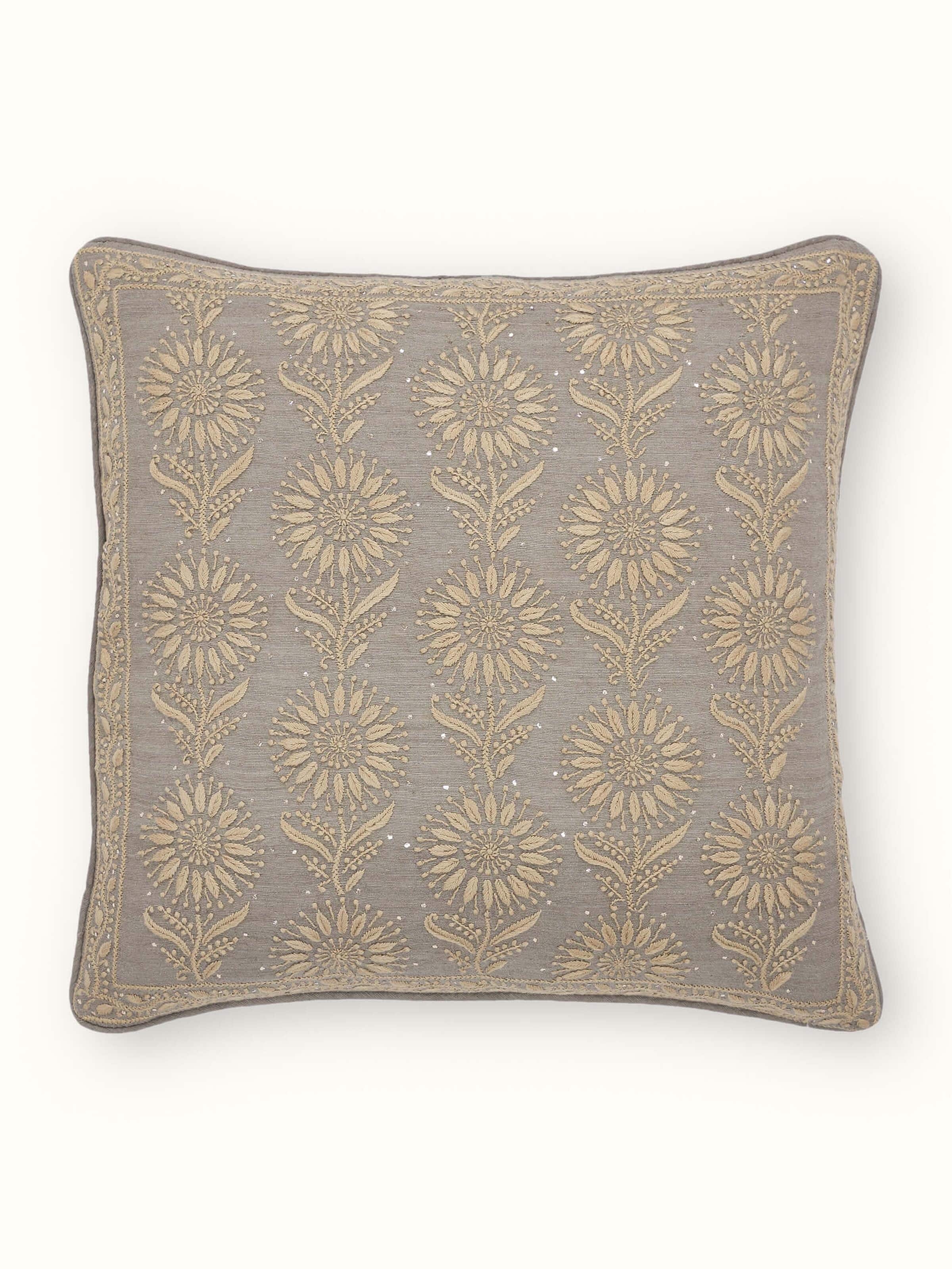 Pragya Grey Buta Tussar Silk Chikankari Hand Embroidered Cushion Cover