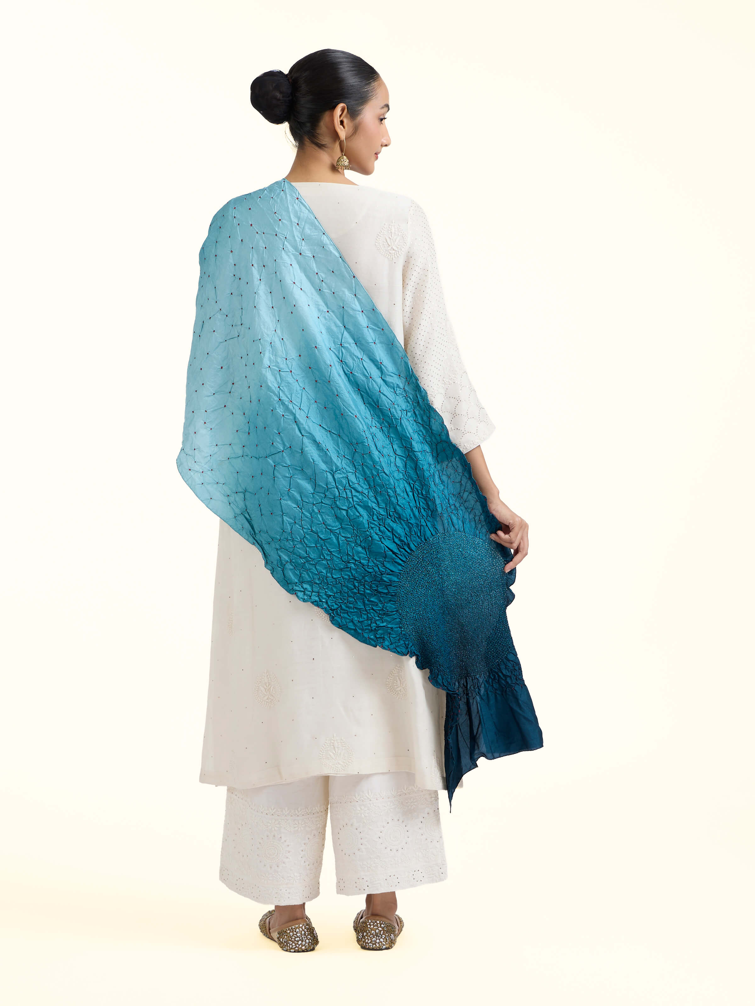 Back view of Teal Bandhani Tie & Dye Silk Stole emphasizing the overall design and fine details