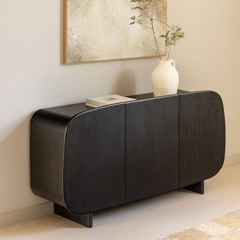 Soncy Solid Mango Wood Sideboard with 3 Door in Black Finish - Woodenmood