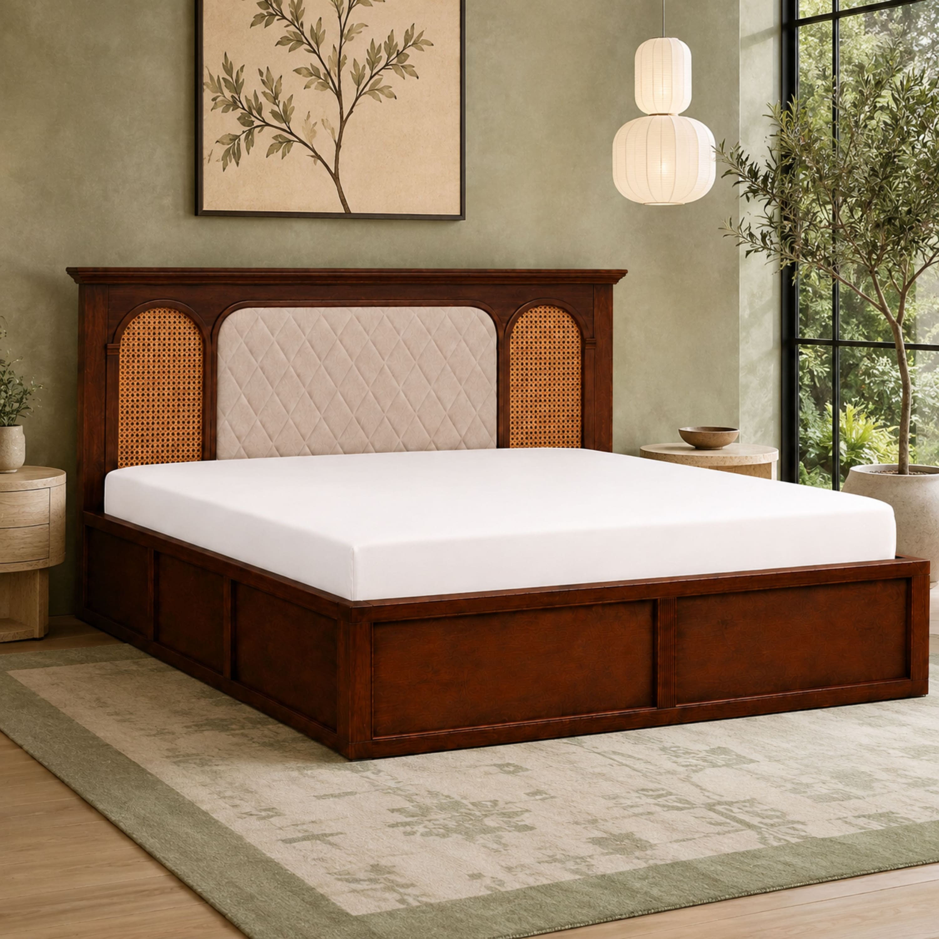 Reva Solid Wood Compact Queen Bed Hydraulic Storage Provincial Teak Finish Mattress 60 x 72 Inches - Globally Indian