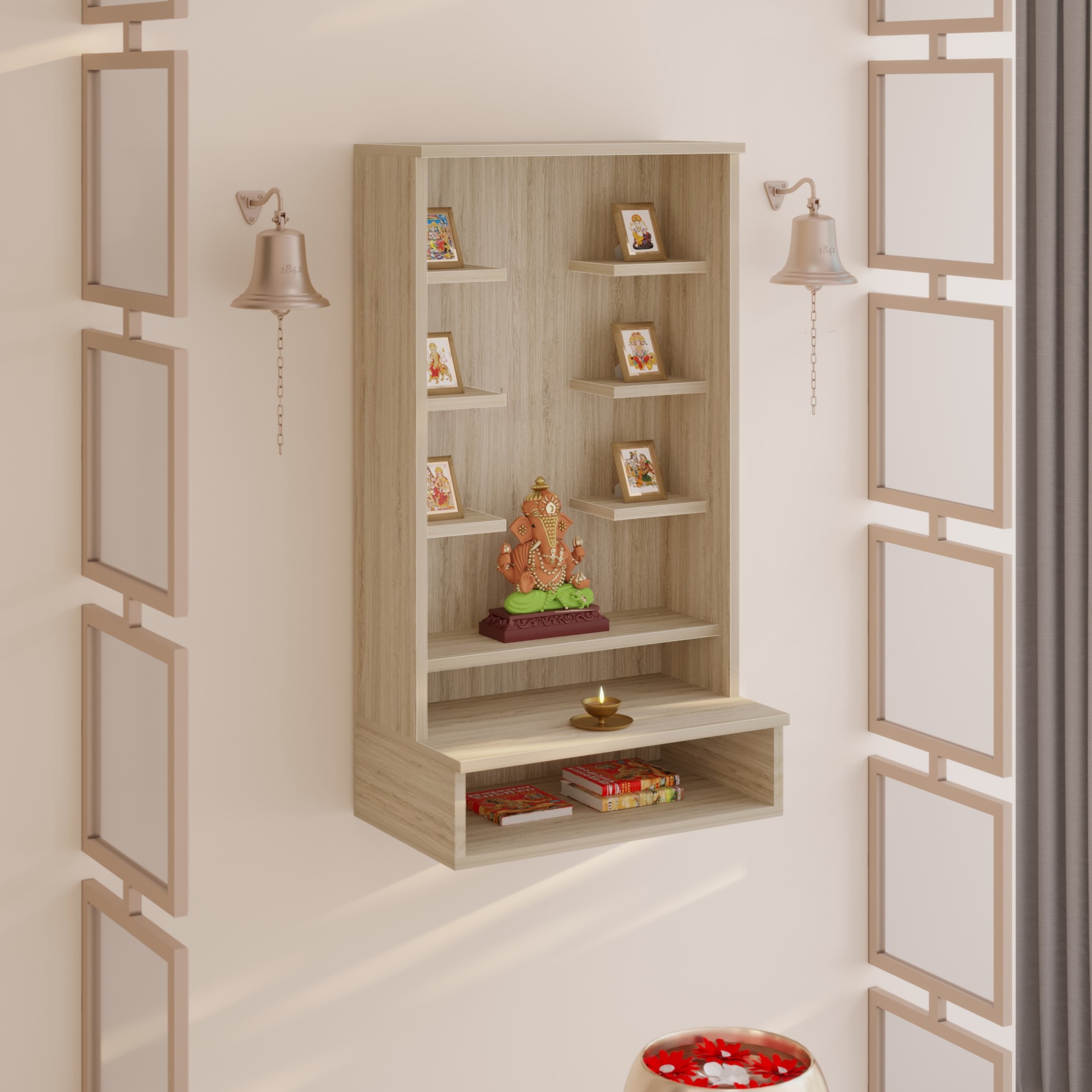 Bluewud Shubh Mini Engineered Wood Prayerut In European Oak Finish - Bluewud