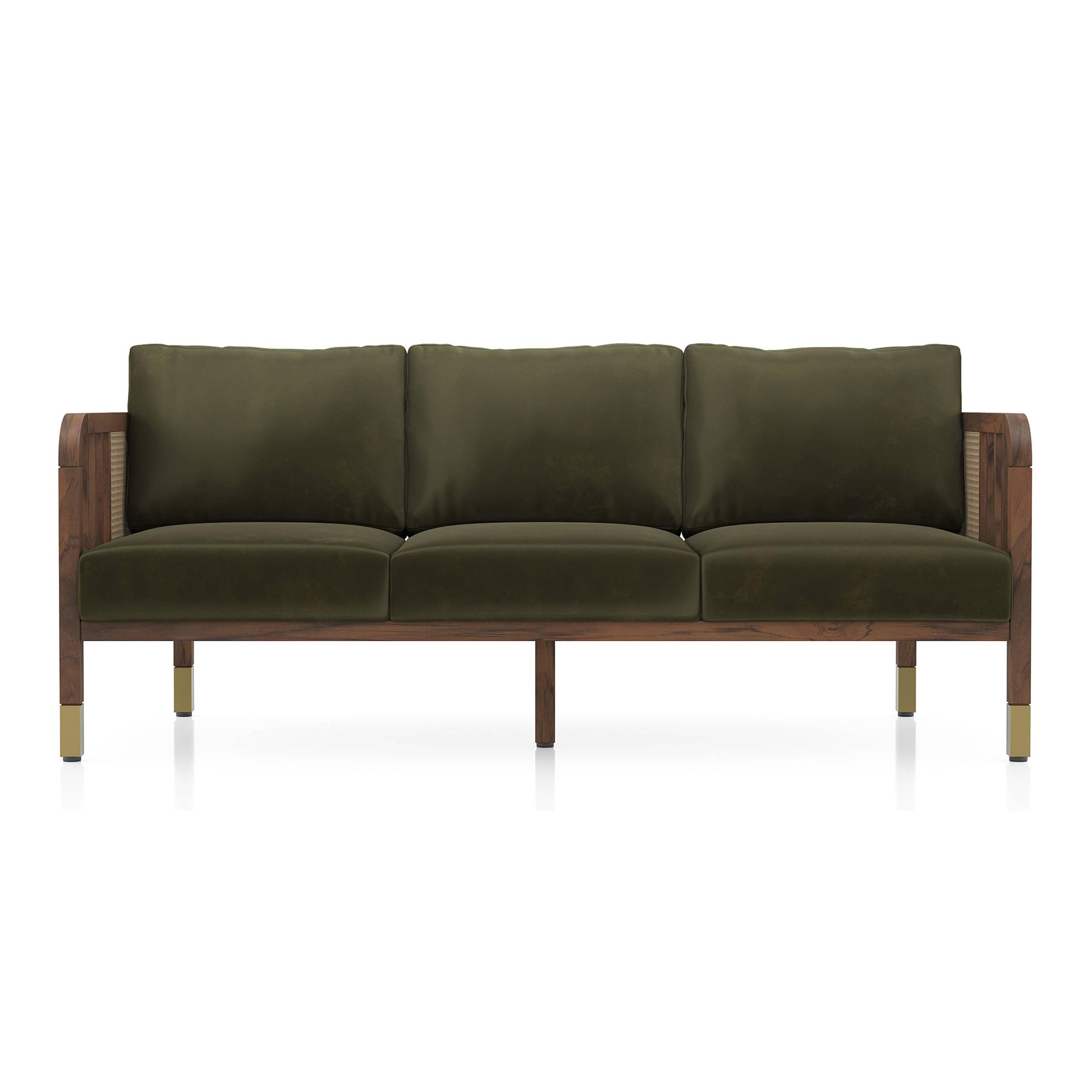 Taran 3 Seater Wooden Sofa in Deep Olive Velvet Colour