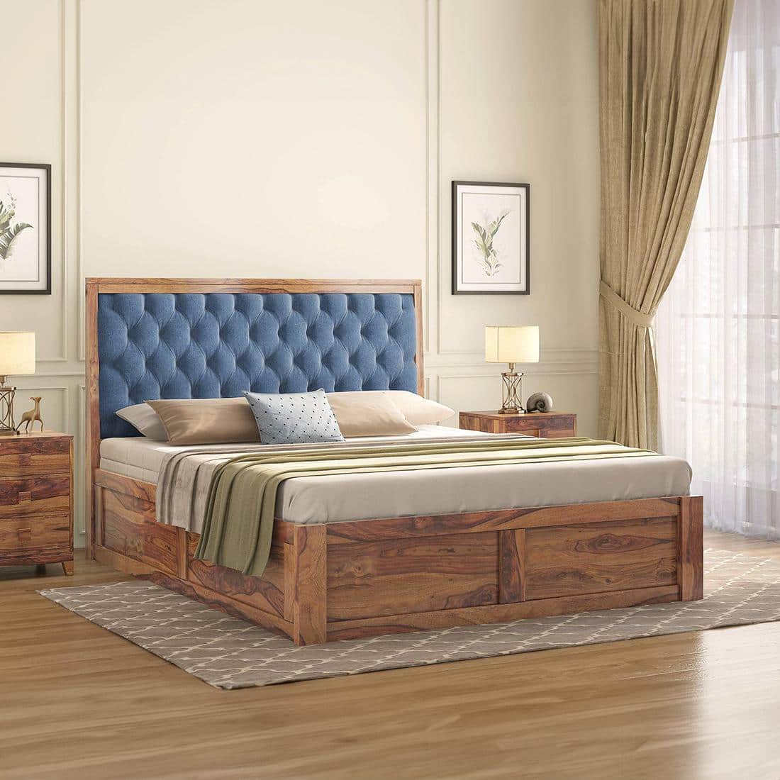 Avon Solid Wood Queen Size Box Storage Bed In Teak Finish