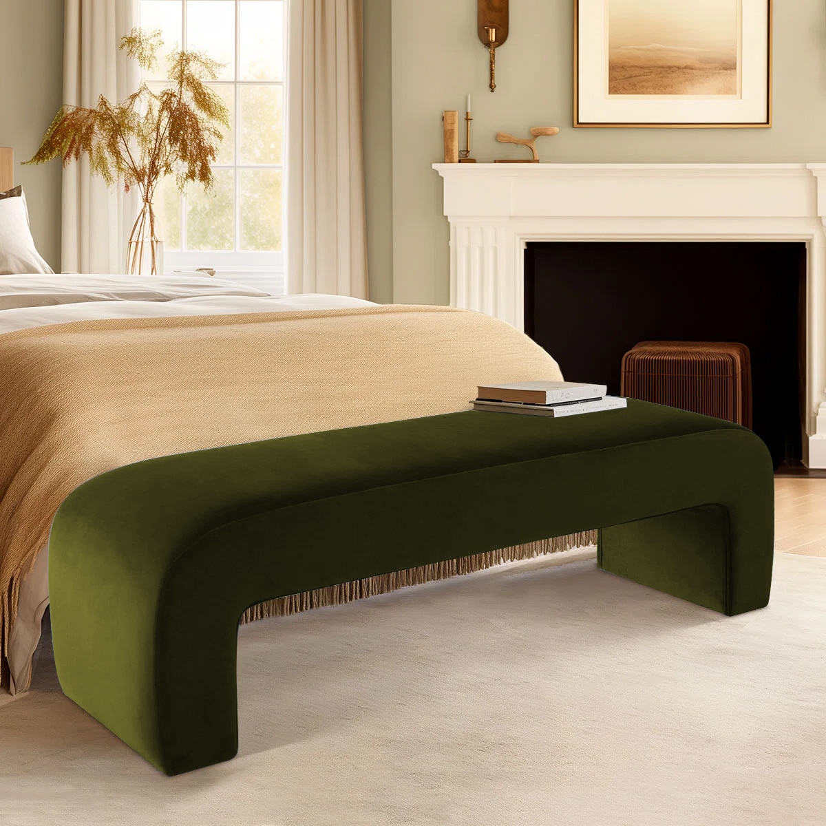 Floran Velvet 2 Seater Ottoman Bench in Olive Green Color