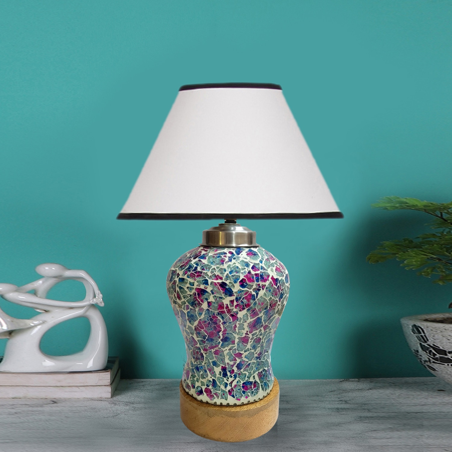 Devansh Conical White & Black  Cotton Shade  Lamp With  Wood & Mosaicglass Base For Decoration /Office/Home/Gifting/Study For Decoration /Office/Home/Gifting/Study -(10X10X14.5) Inches -