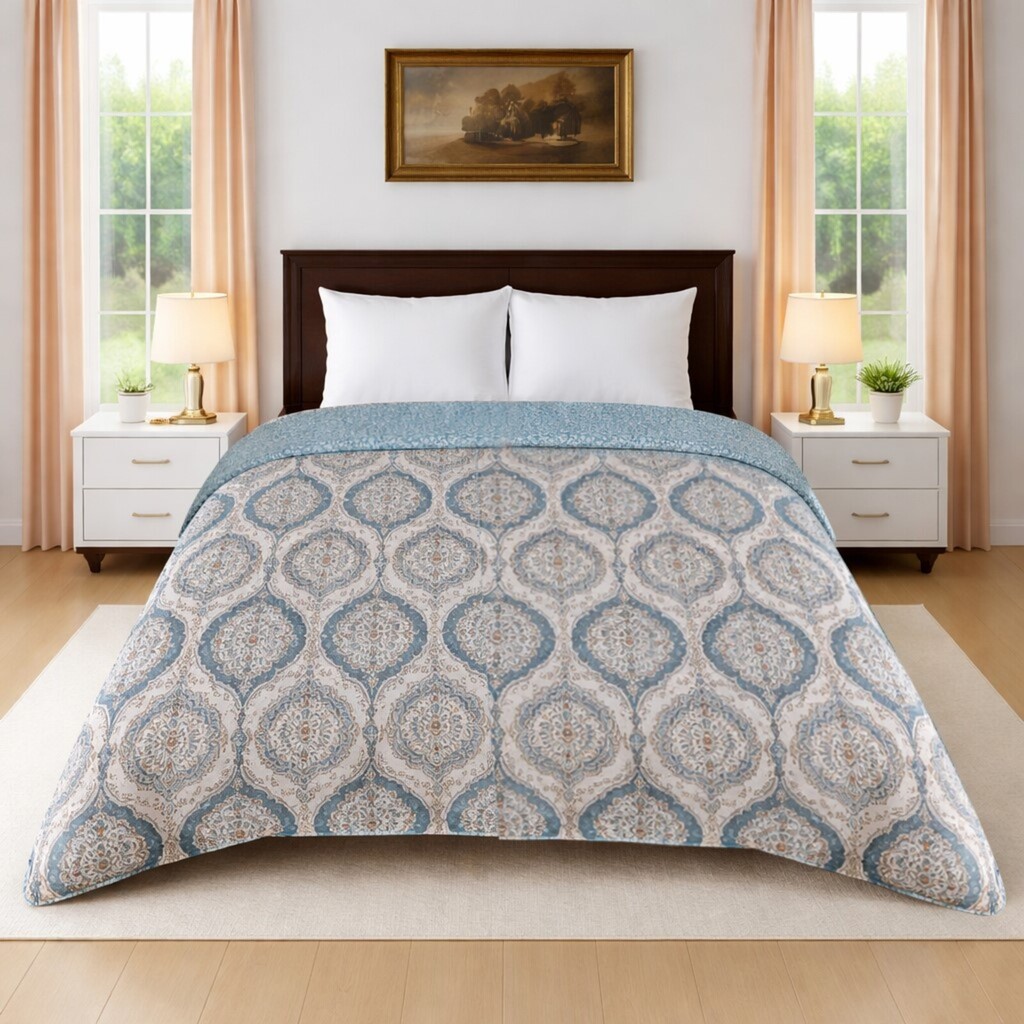 Mira White & Green Floral Cotton Comforter Double Bed Reversible 350 Gsm Size 240 X 220 Cms