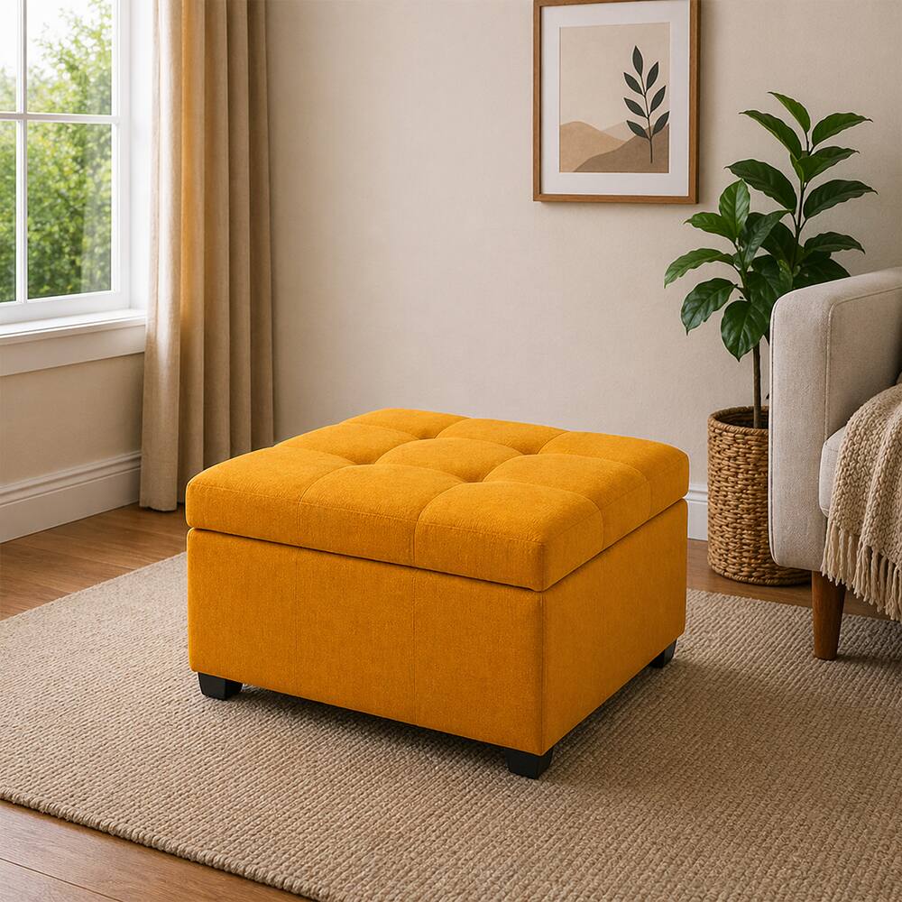 Doe Buck Tufted Storage Ottoman Bench in Mustard Yellow Colour Fabric - Doe Buck