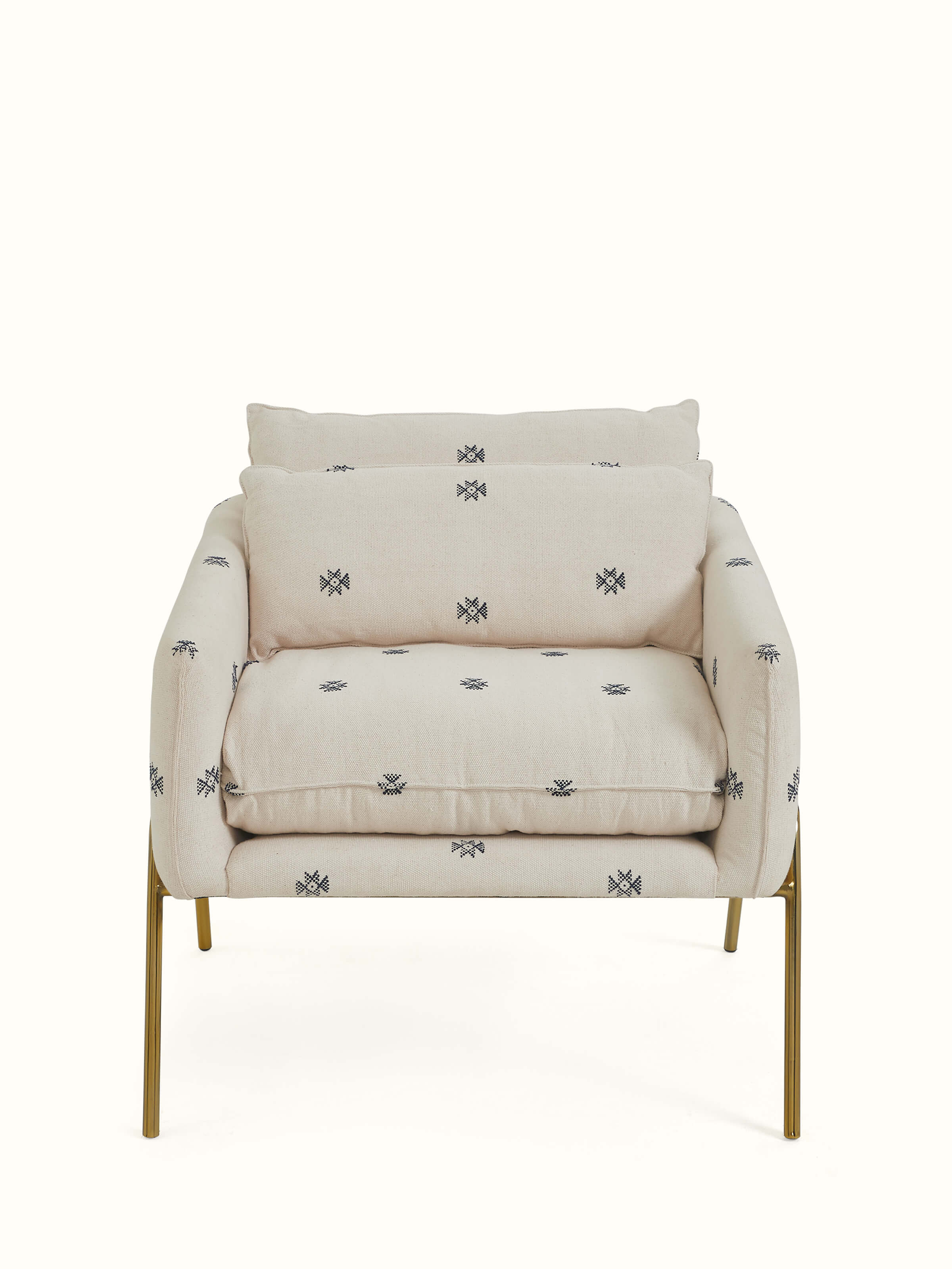 Front view of Upholstered Metal Lounge Chair with stylish upholstery and sturdy metal frame for modern living spaces.