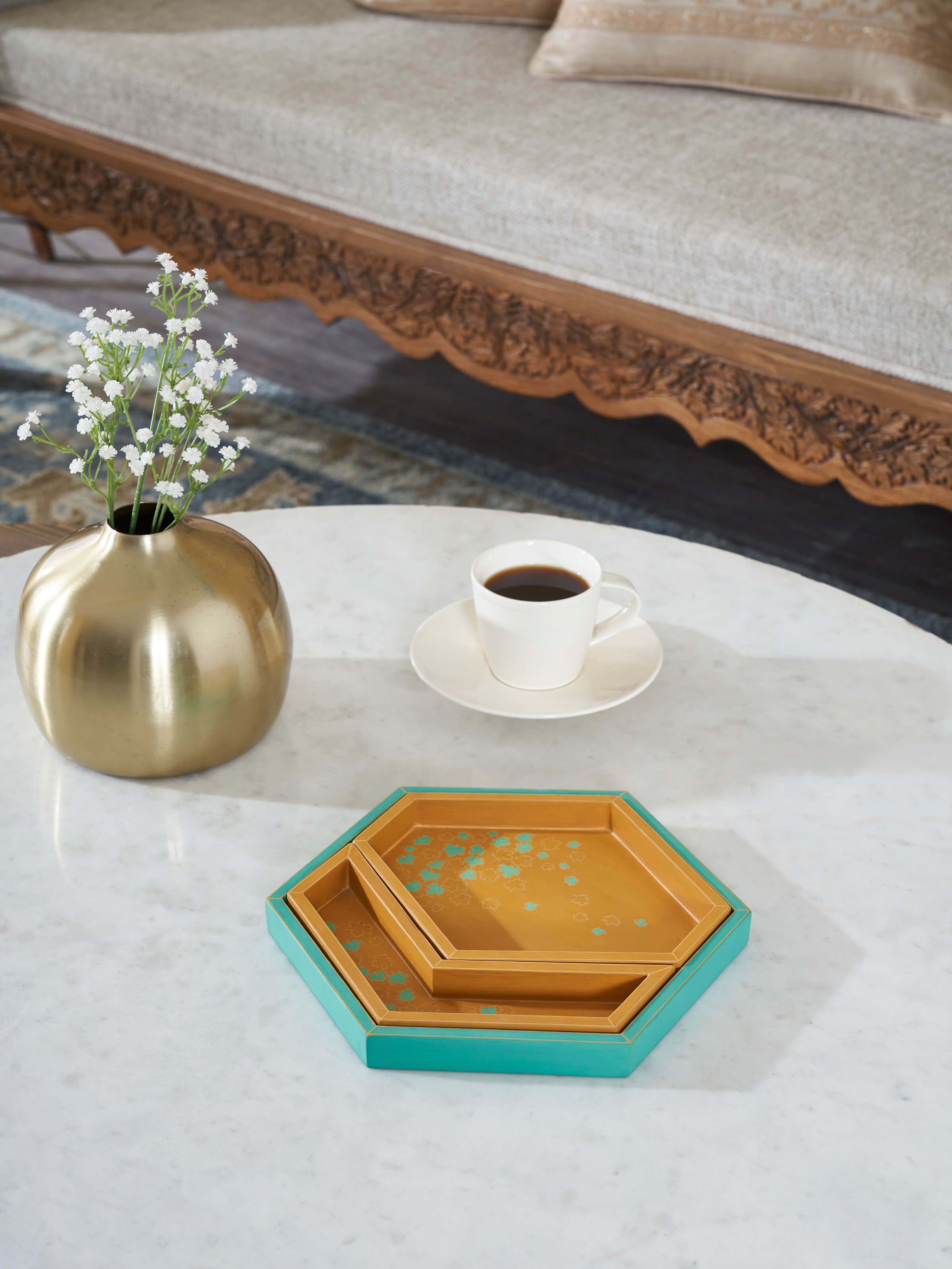 Front view of papier-mâché decorative tray, highlighting its elaborate patterns and craftsmanship.