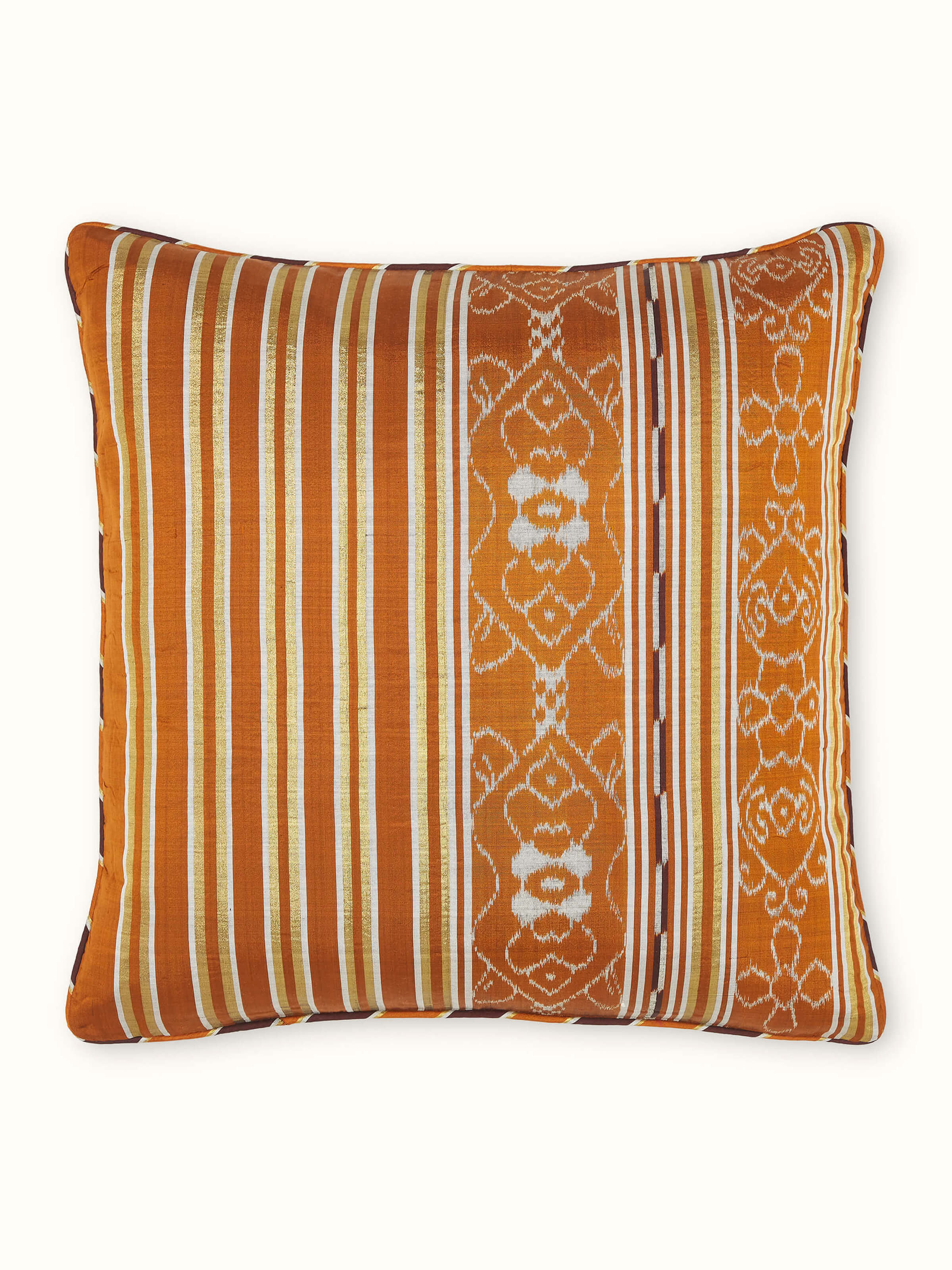Sanchaya Rust Allover Stripe Silk Odisha Ikat Handloom Cushion Cover
