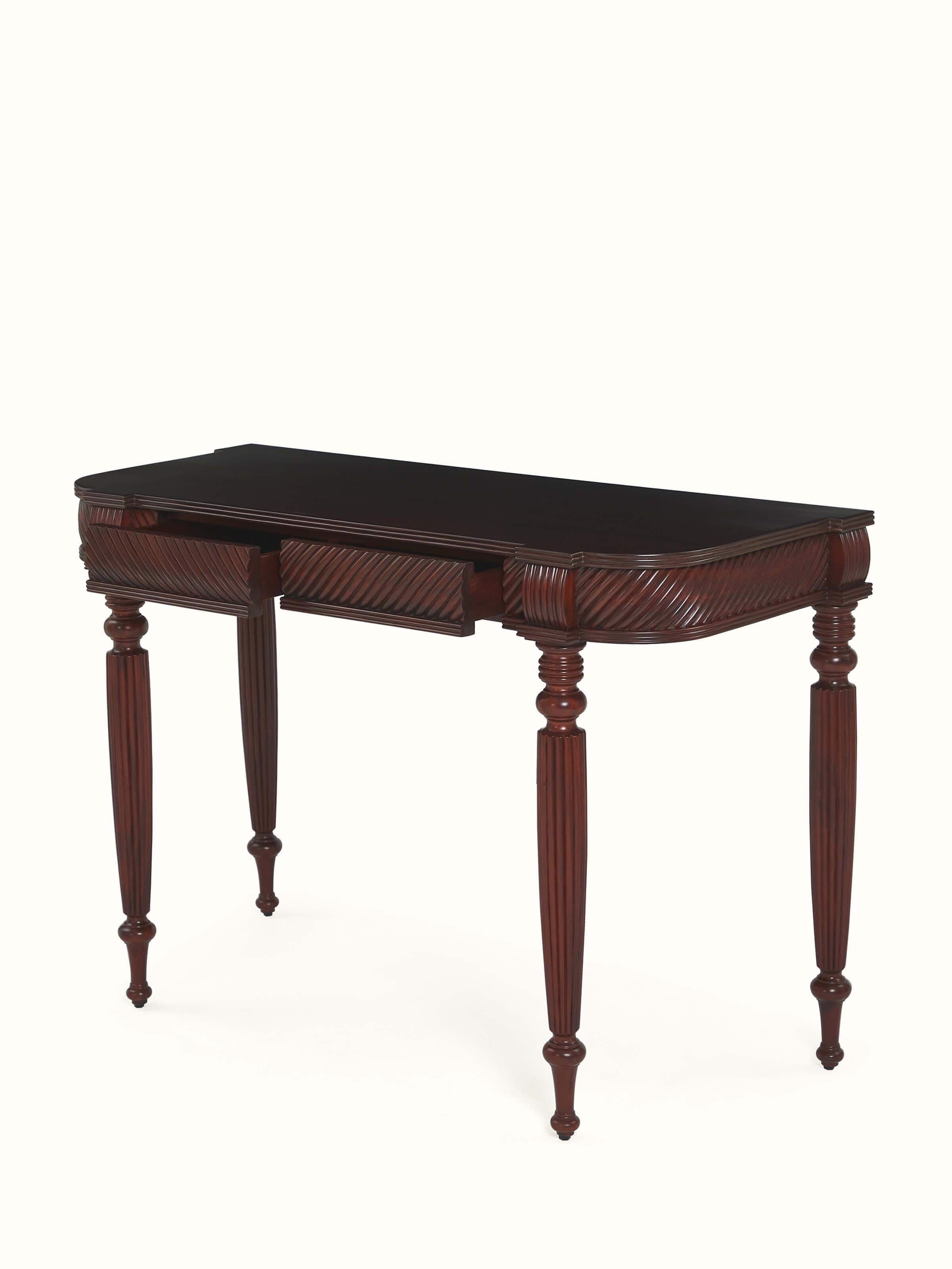 Angled view of Mahogany Wood Console Table from Swadesh, emphasizing its fine craftsmanship and smooth surface for functional decor.