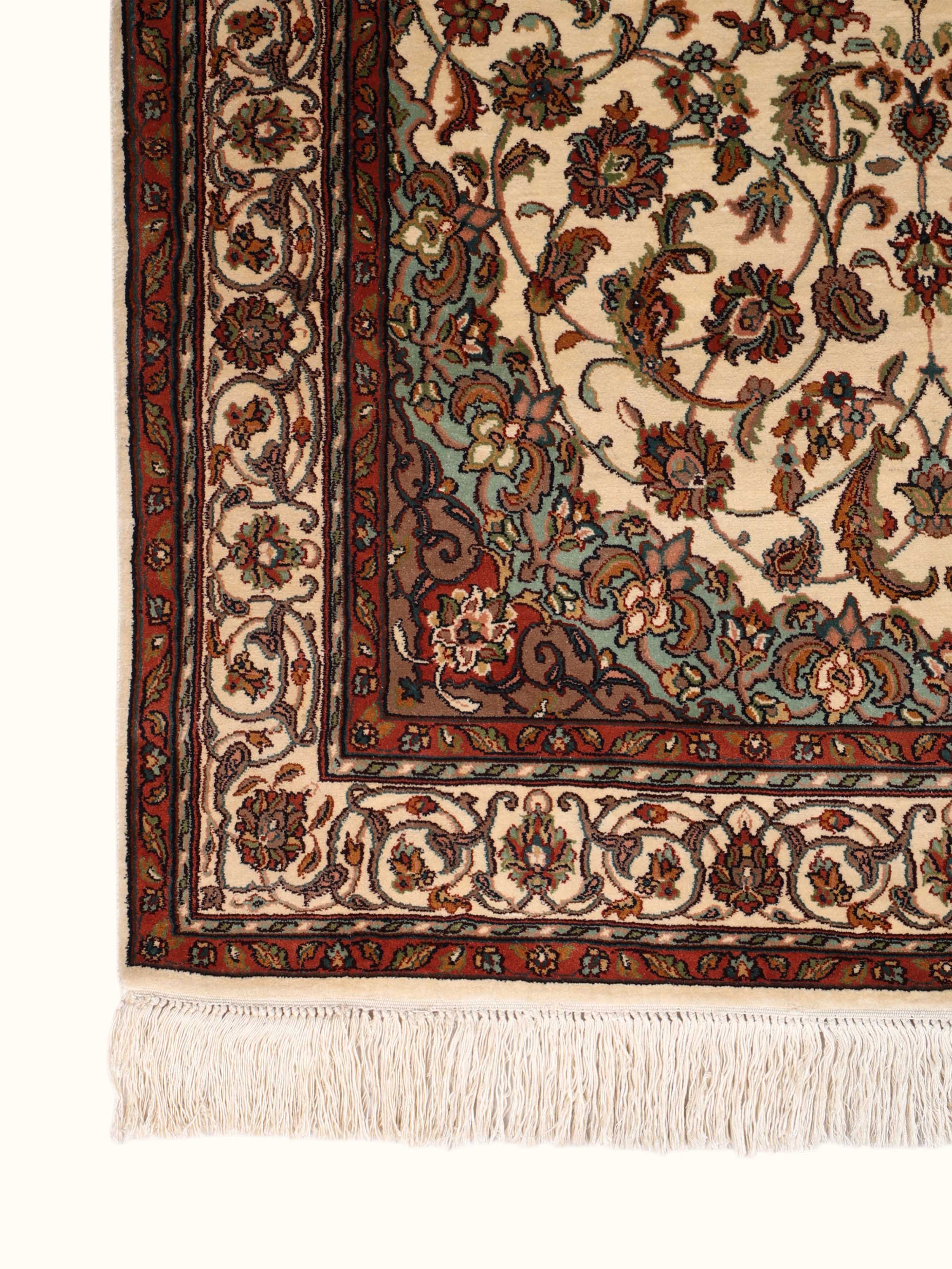 Traditional Persian Ivory Blue Kashan Kashmir Silk Hand-Knotted Carpet